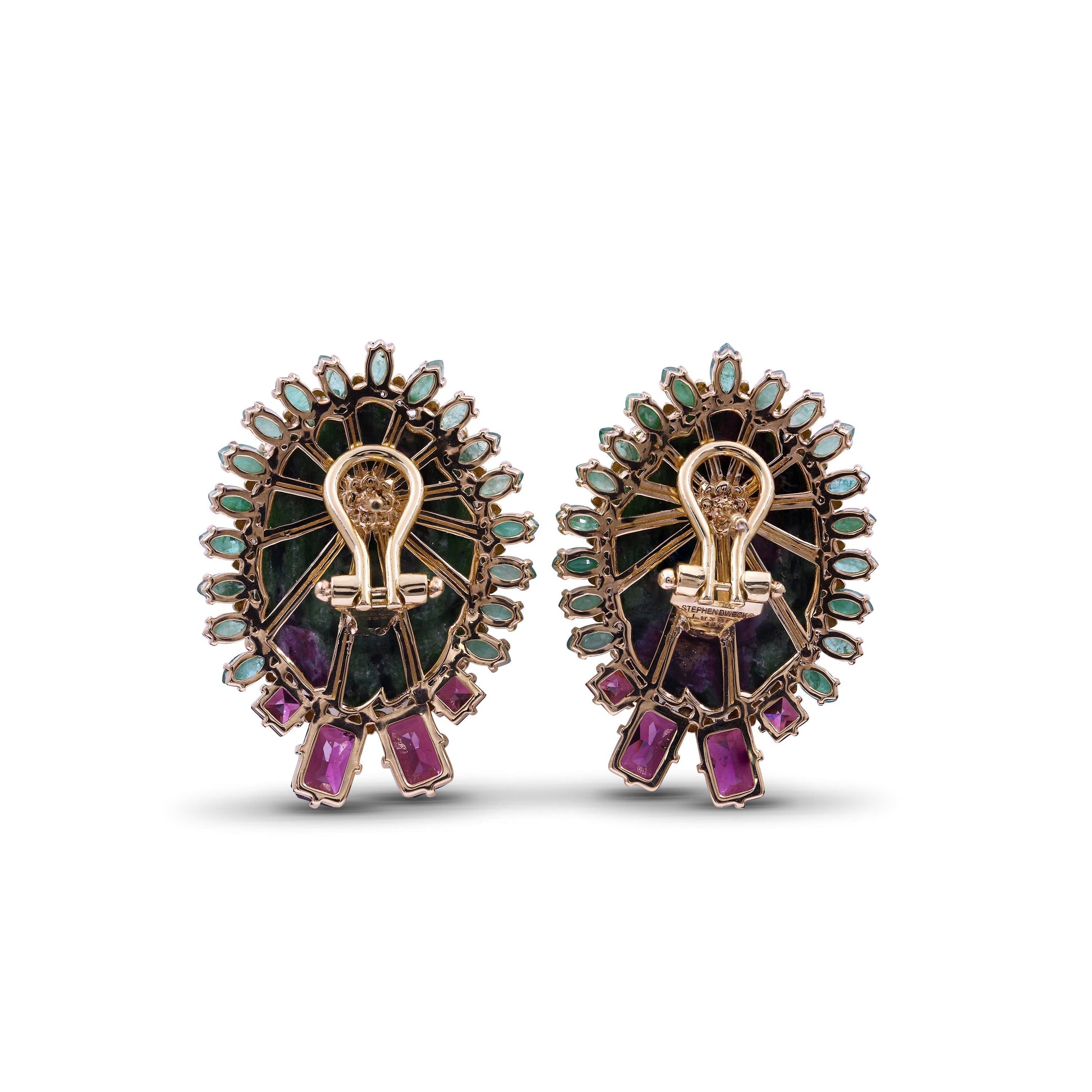 luxury-hand-carved-ruby-zoisite-68ct-emerald-4-3ct-and-rhodolite-garnet-3ct-earrings-in-18k-gold