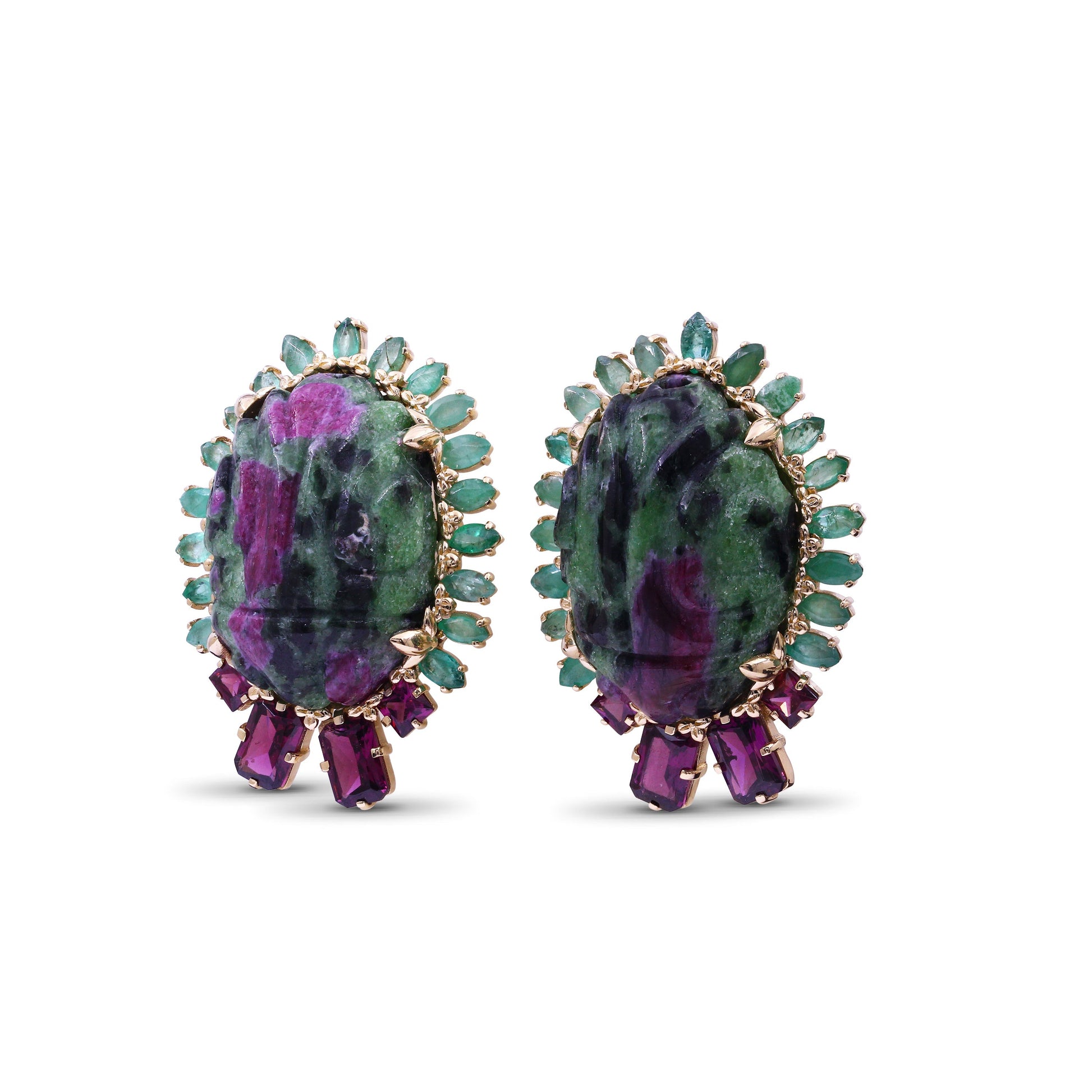luxury-hand-carved-ruby-zoisite-68ct-emerald-4-3ct-and-rhodolite-garnet-3ct-earrings-in-18k-gold