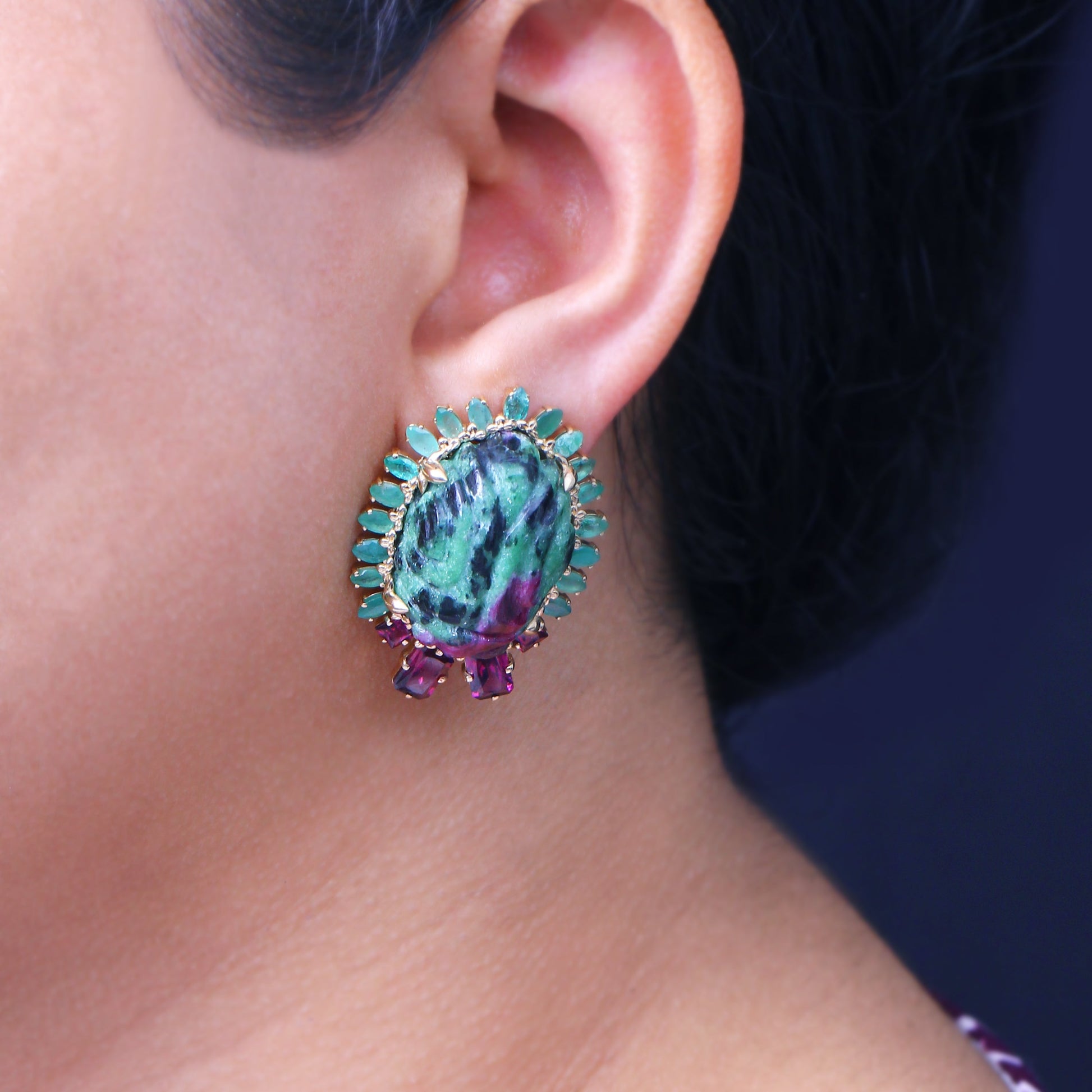 luxury-hand-carved-ruby-zoisite-68ct-emerald-4-3ct-and-rhodolite-garnet-3ct-earrings-in-18k-gold
