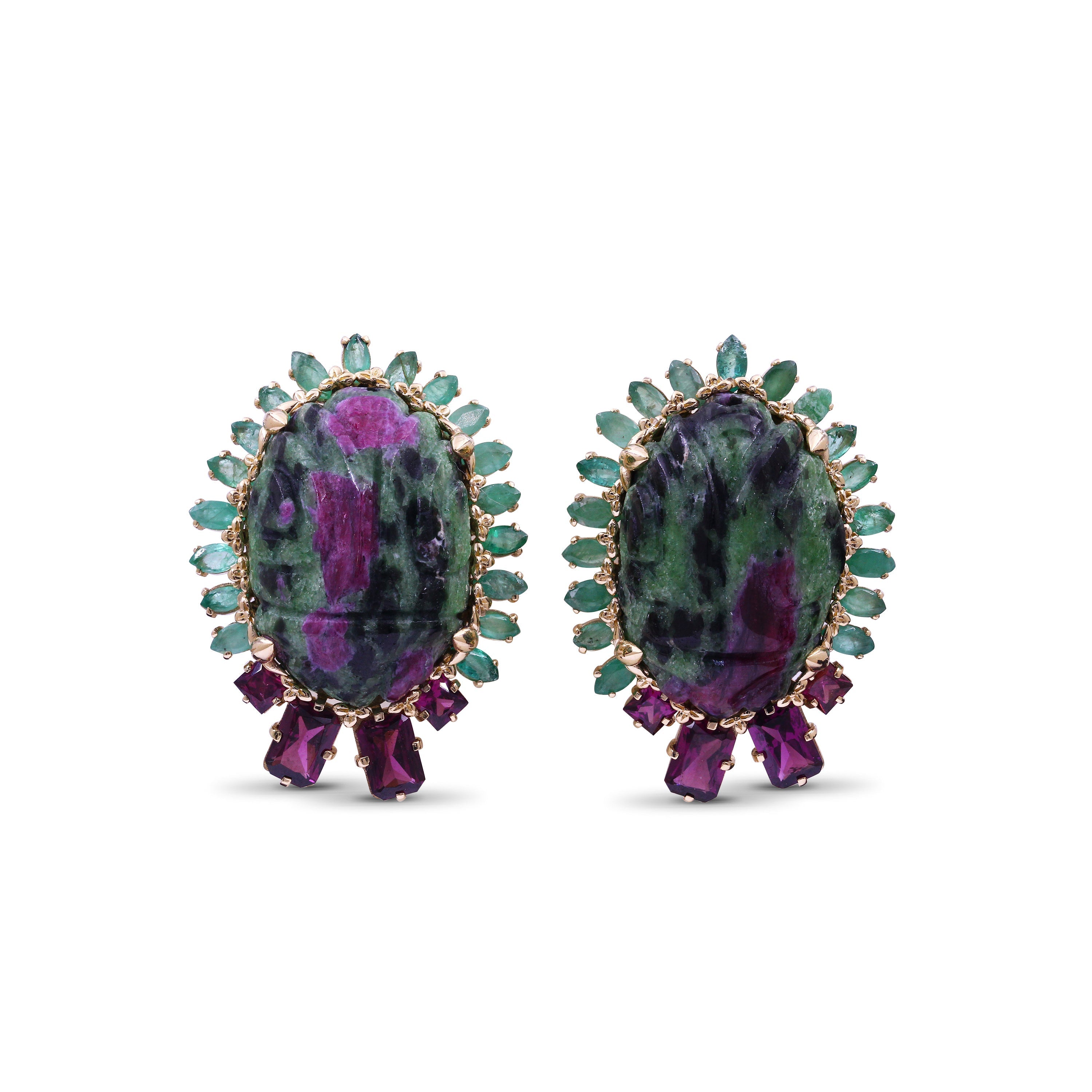 luxury-hand-carved-ruby-zoisite-68ct-emerald-4-3ct-and-rhodolite-garnet-3ct-earrings-in-18k-gold