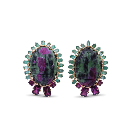 luxury-hand-carved-ruby-zoisite-68ct-emerald-4-3ct-and-rhodolite-garnet-3ct-earrings-in-18k-gold