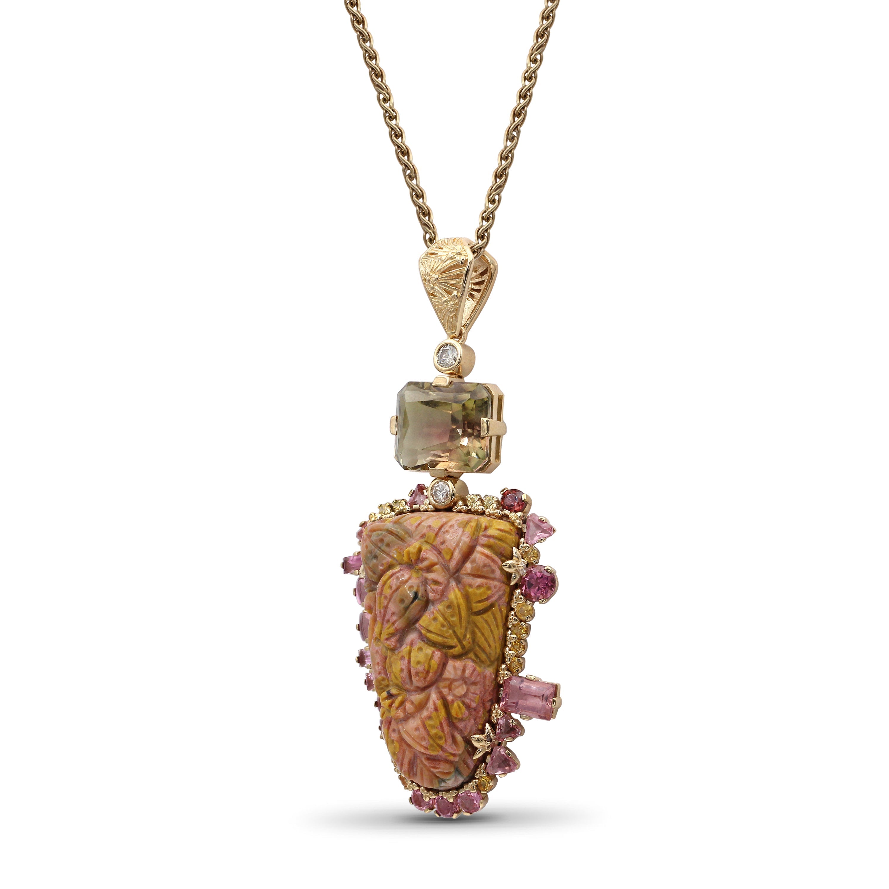 luxury-hand-carved-sunset-jasper-34-3ct-bi-color-tourmaline-6-7ct-yellow-sapphire-0-40ct-pink-tourmaline-2-8ct-and-diamond-0-25ct-pendant-in-18k-gold