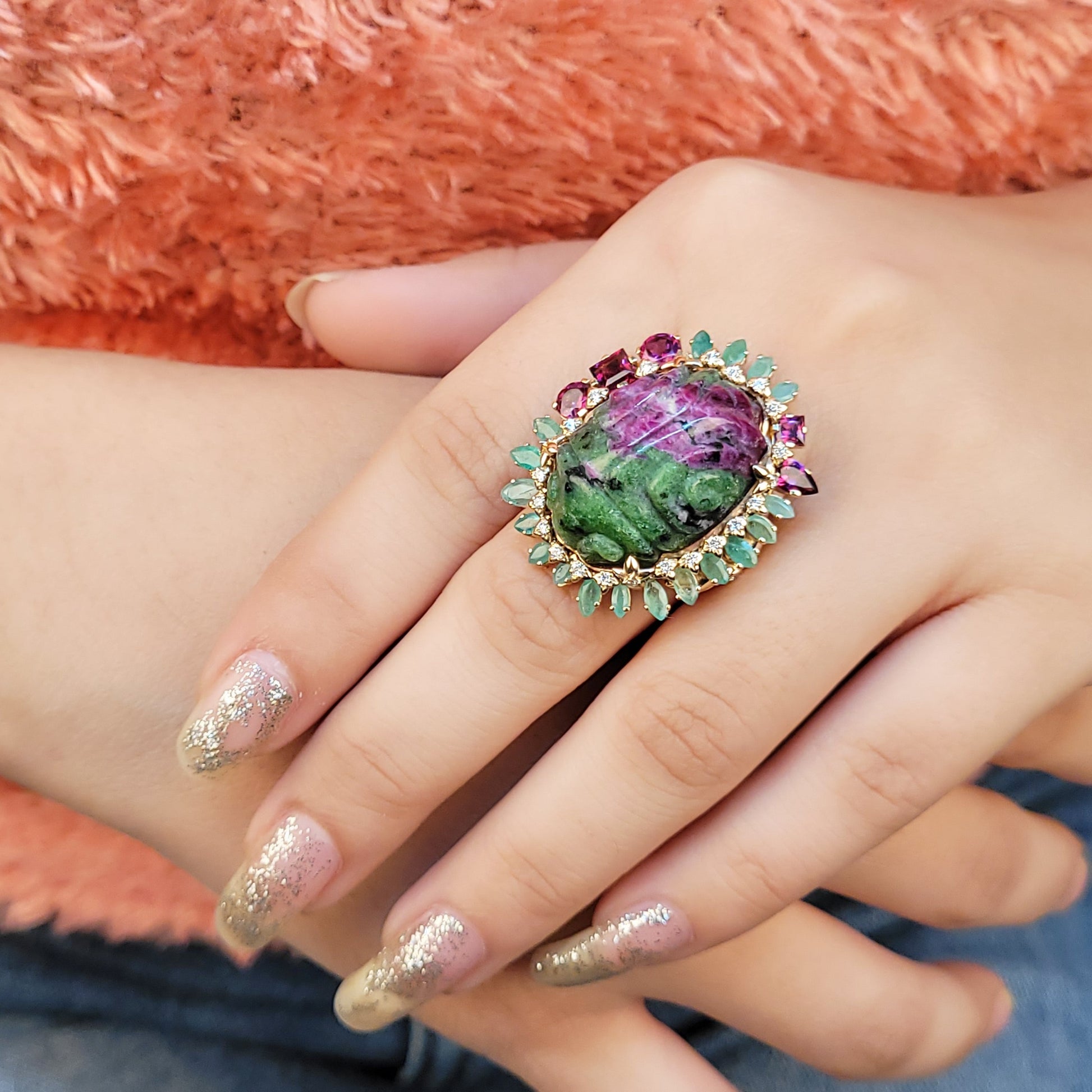 luxury-hand-carved-ruby-zoisite-34ct-emerald-rhodolite-garnet-and-diamond-0-25ct-ring-in-18k-gold
