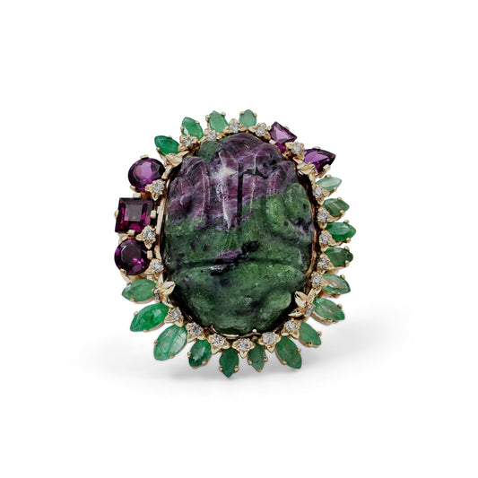 luxury-hand-carved-ruby-zoisite-34ct-emerald-rhodolite-garnet-and-diamond-0-25ct-ring-in-18k-gold