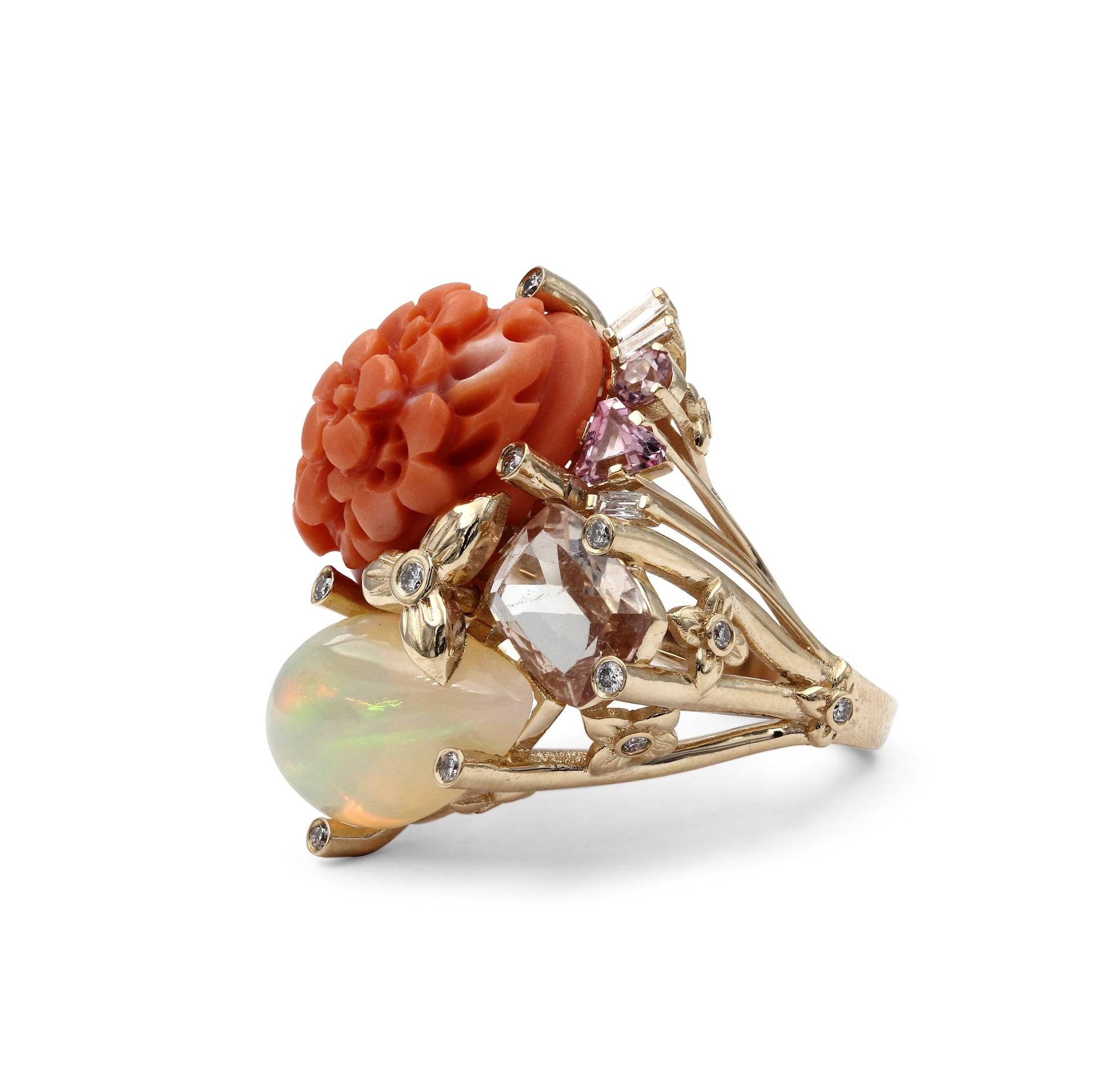 luxury-hand-carved-coral-14-5ct-ethiopian-opal-5-1ct-morganite-1-5ct-pink-tourmaline-0-40ct-and-diamond-0-45ct-ring-in-18k-gold