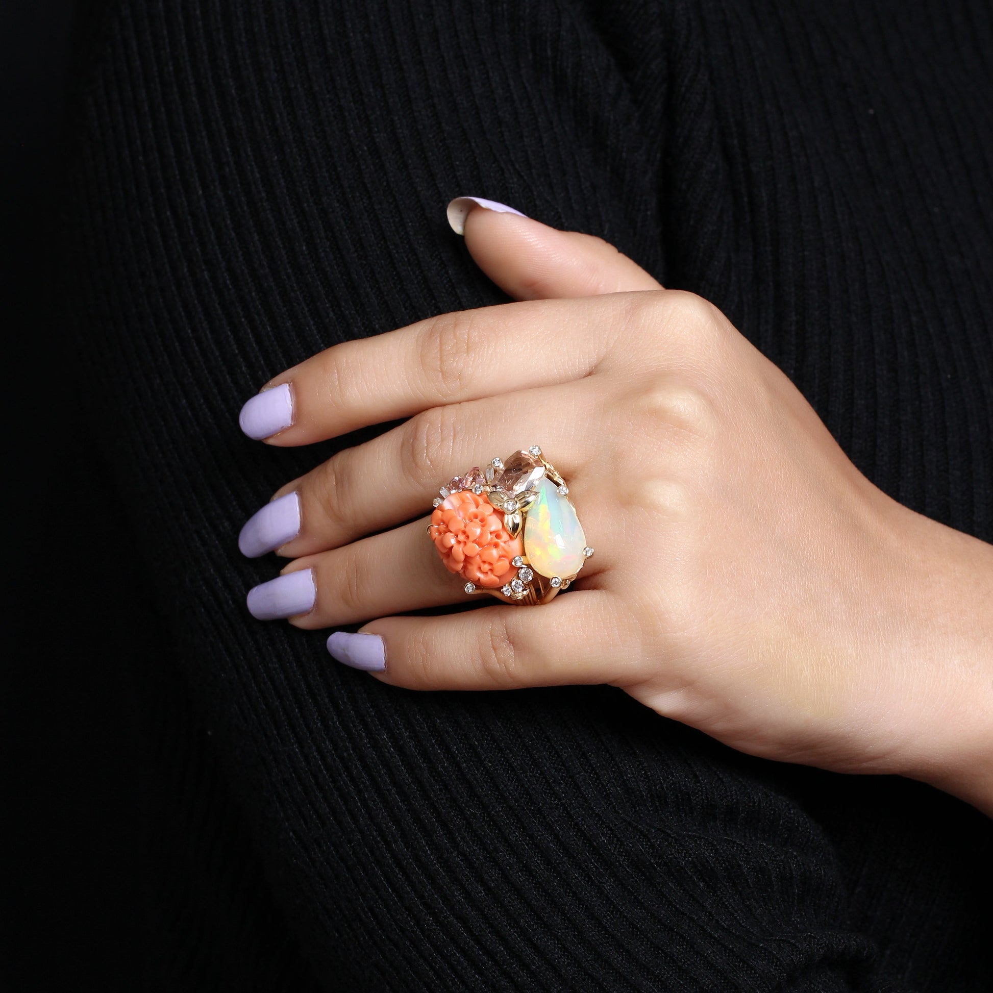 luxury-hand-carved-coral-14-5ct-ethiopian-opal-5-1ct-morganite-1-5ct-pink-tourmaline-0-40ct-and-diamond-0-45ct-ring-in-18k-gold