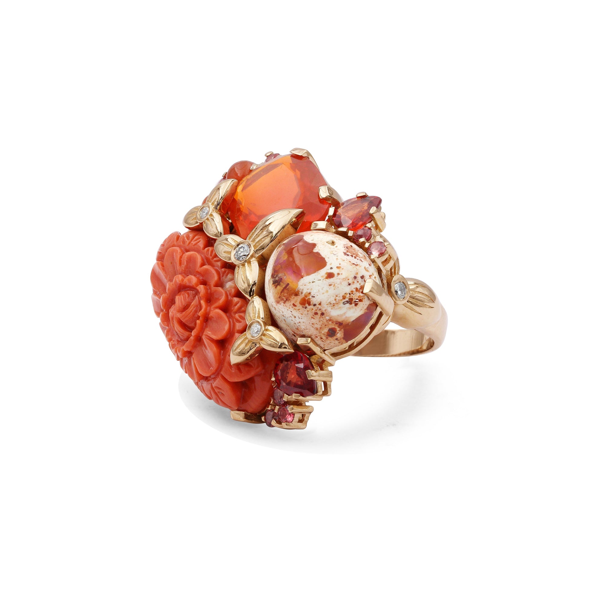 luxury-hand-carved-coral-12-4ct-fire-opal-9-5ct-red-sapphire-1-15ct-and-diamond-0-15ct-ring-in-18k-gold