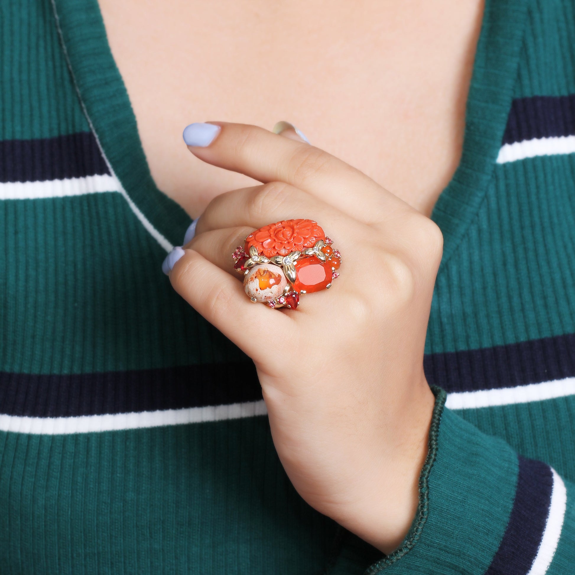 luxury-hand-carved-coral-12-4ct-fire-opal-9-5ct-red-sapphire-1-15ct-and-diamond-0-15ct-ring-in-18k-gold