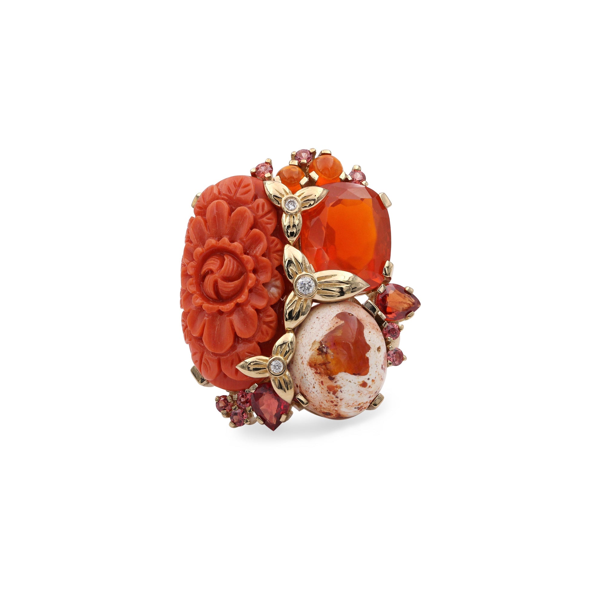 luxury-hand-carved-coral-12-4ct-fire-opal-9-5ct-red-sapphire-1-15ct-and-diamond-0-15ct-ring-in-18k-gold