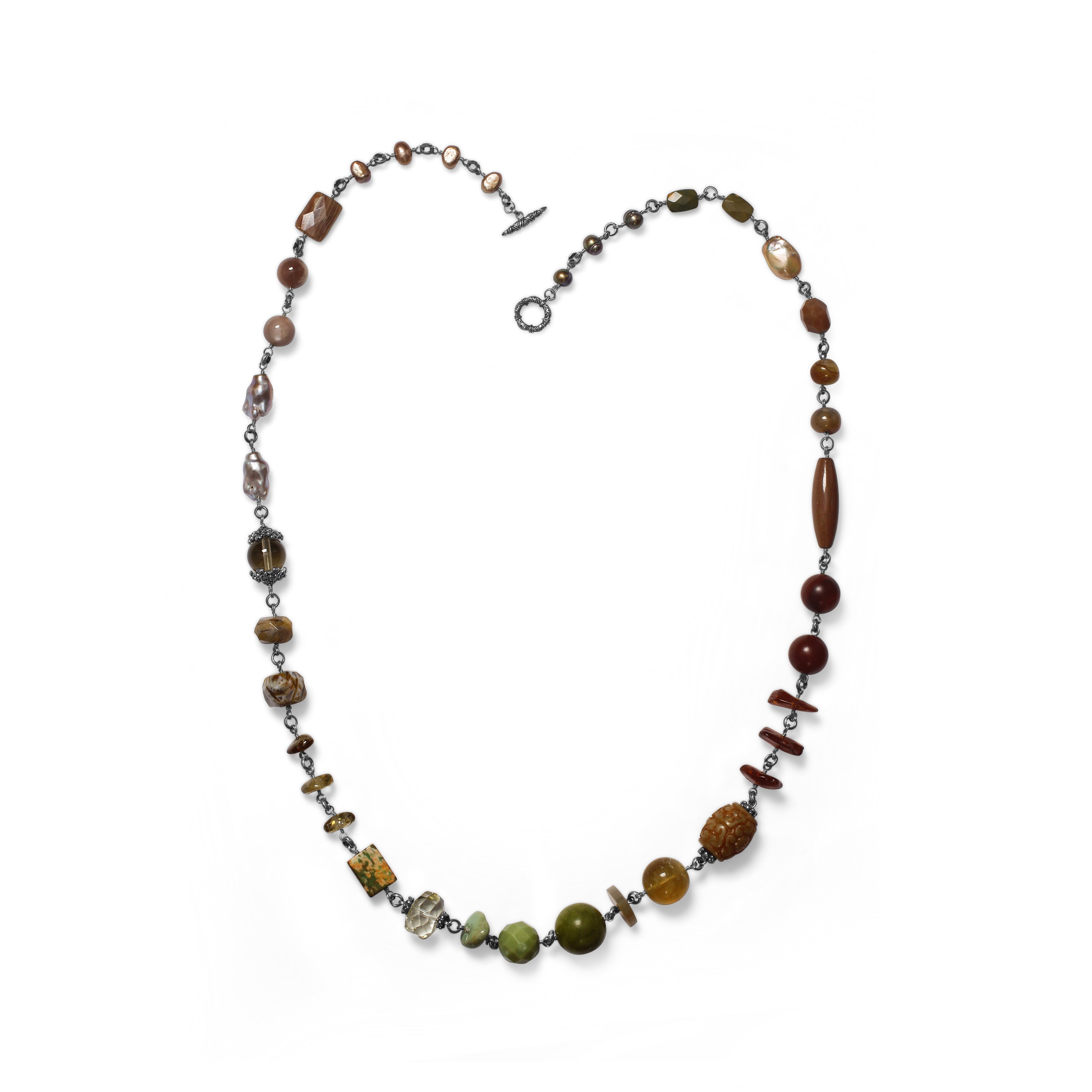 garden-of-stephen-turquoise-agate-flourite-jade-amber-carnelian-smoky-quartz-crazy-lace-agate-rutilated-quartz-pearls-moonstone-and-aragonite-necklace-in-sterling-silver
