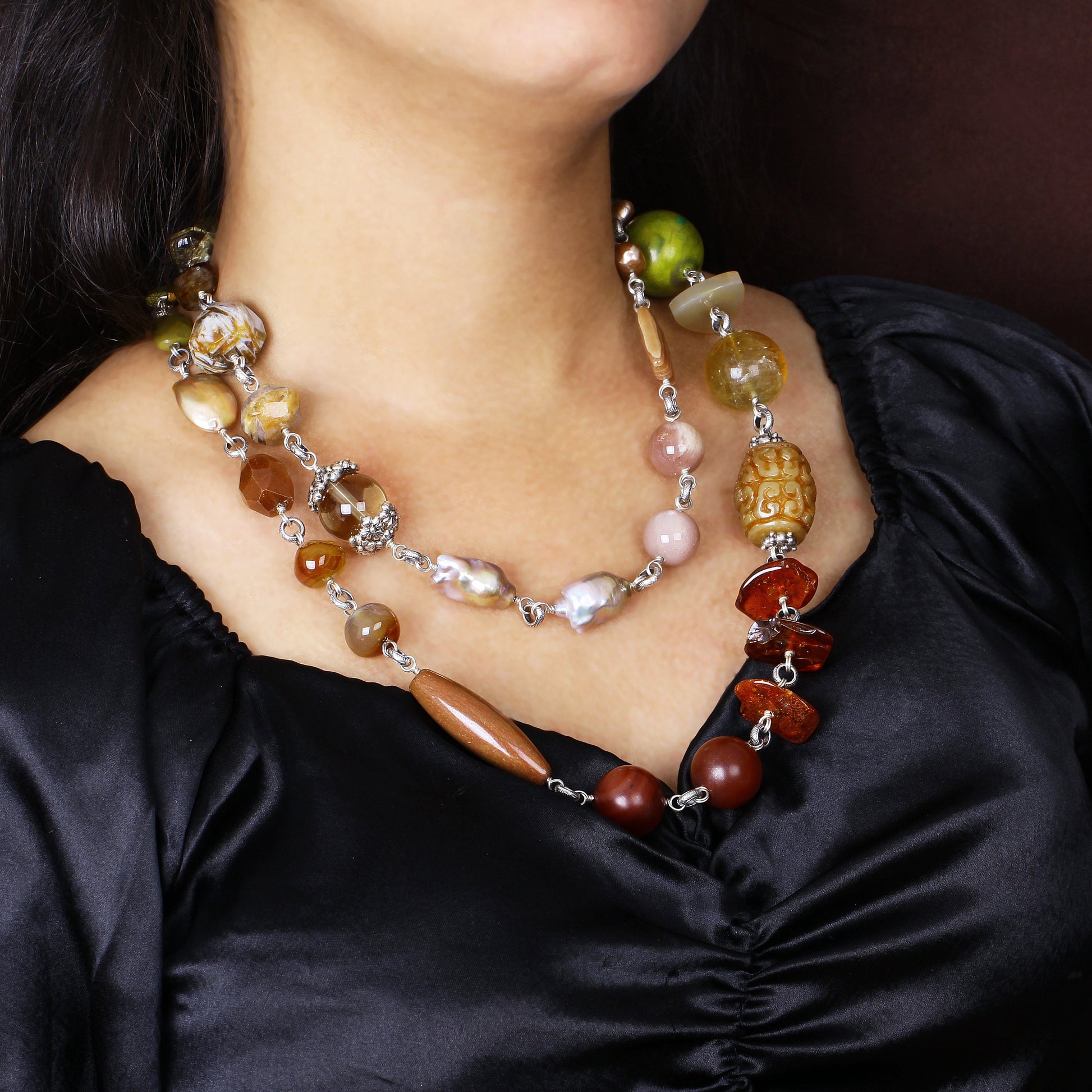 garden-of-stephen-turquoise-agate-flourite-jade-amber-carnelian-smoky-quartz-crazy-lace-agate-rutilated-quartz-pearls-moonstone-and-aragonite-necklace-in-sterling-silver