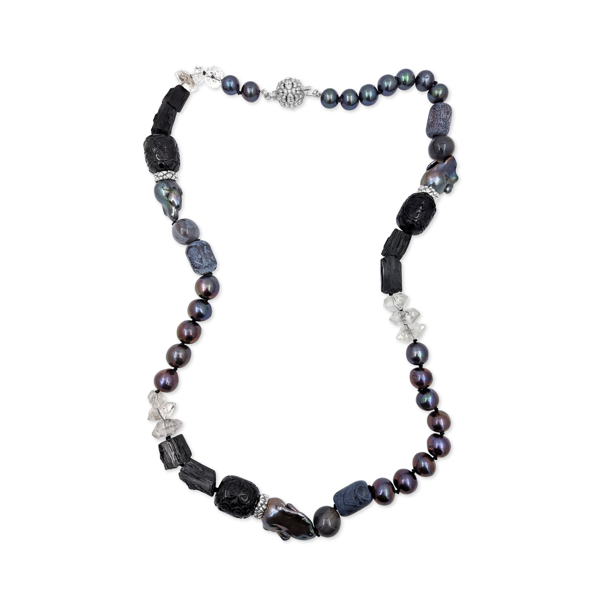 terraquatic-hand-carved-jet-natural-pearls-agate-herkimar-quartz-diamond-natural-tourmaline-crystals-pave-spinal-sterling-silver-clasp-nacklace