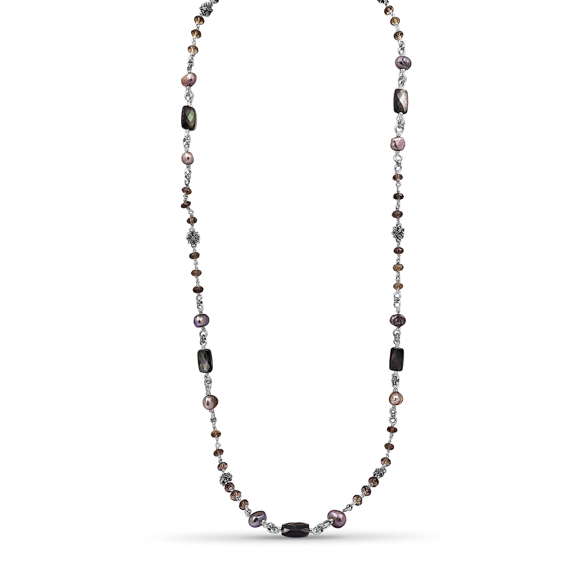 terraquatic-long-single-strand-of-smoky-qtz-silver-pearls-and-faceted-grey-mop-with-sterling-silver-details