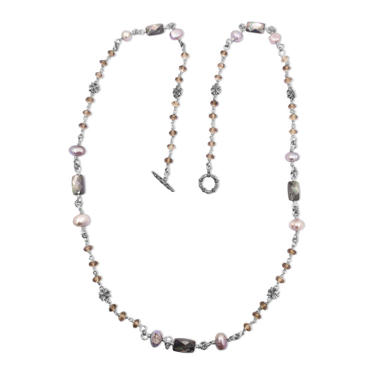 terraquatic-long-single-strand-of-smoky-qtz-silver-pearls-and-faceted-grey-mop-with-sterling-silver-details
