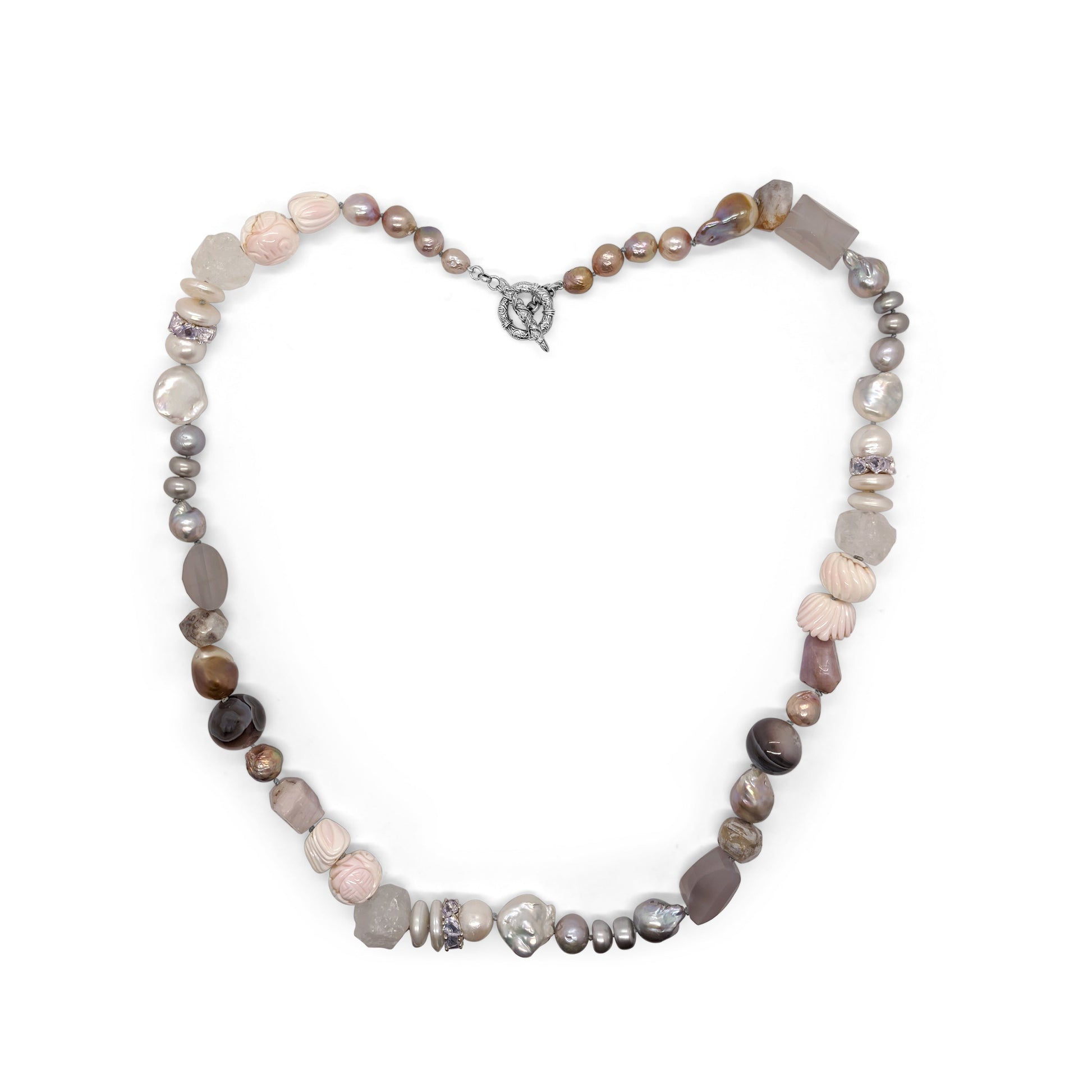 terraquatic-collage-necklace-of-tourmalated-kunzite-galactical-cut-lavender-moon-quartz-rondelle-crazy-lace-agate-hand-carved-caribbean-conch-shell-and-baroque-pearls-in-sterling-silver