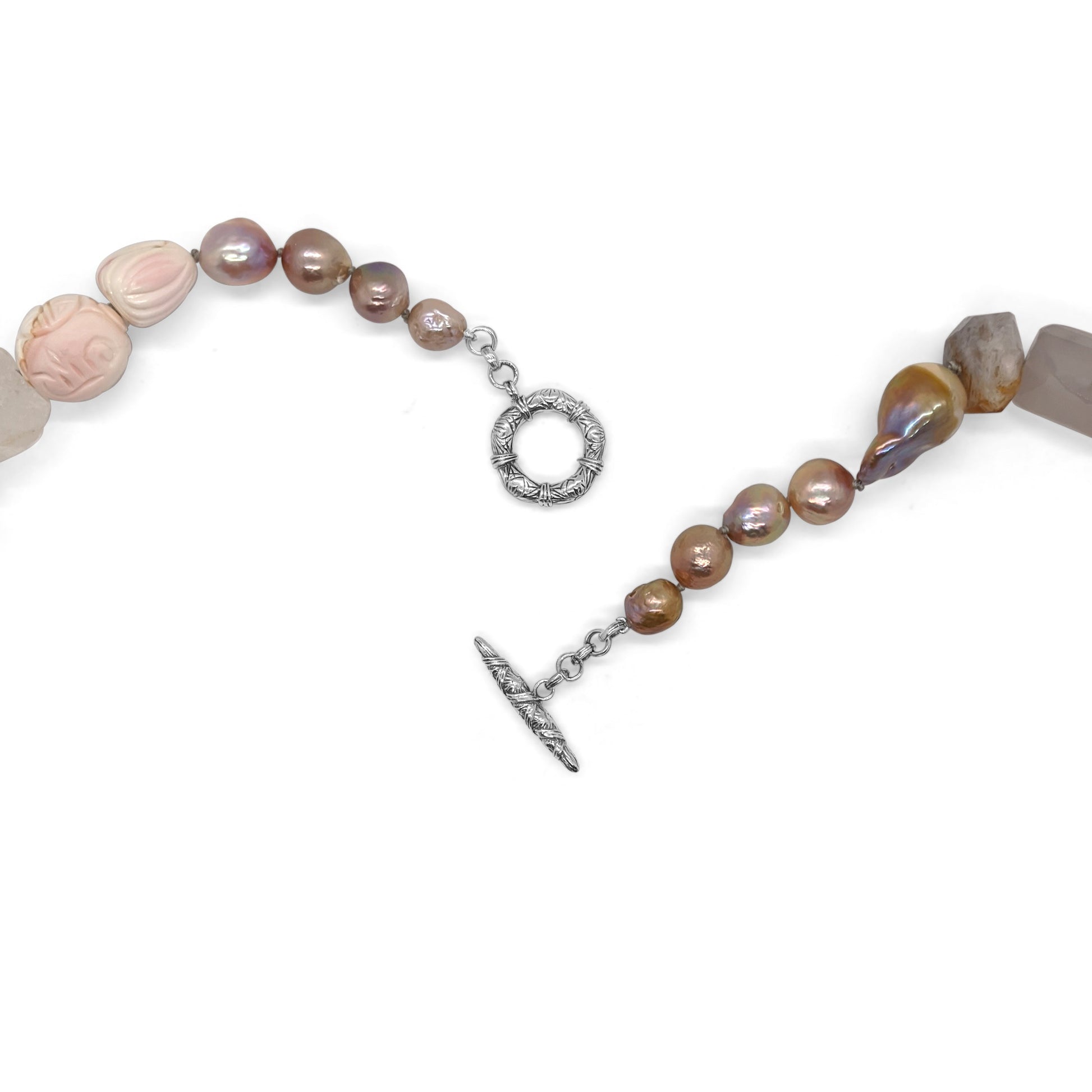 terraquatic-collage-necklace-of-tourmalated-kunzite-galactical-cut-lavender-moon-quartz-rondelle-crazy-lace-agate-hand-carved-caribbean-conch-shell-and-baroque-pearls-in-sterling-silver
