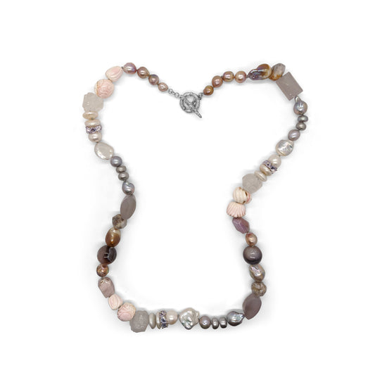 terraquatic-collage-necklace-of-tourmalated-kunzite-galactical-cut-lavender-moon-quartz-rondelle-crazy-lace-agate-hand-carved-caribbean-conch-shell-and-baroque-pearls-in-sterling-silver