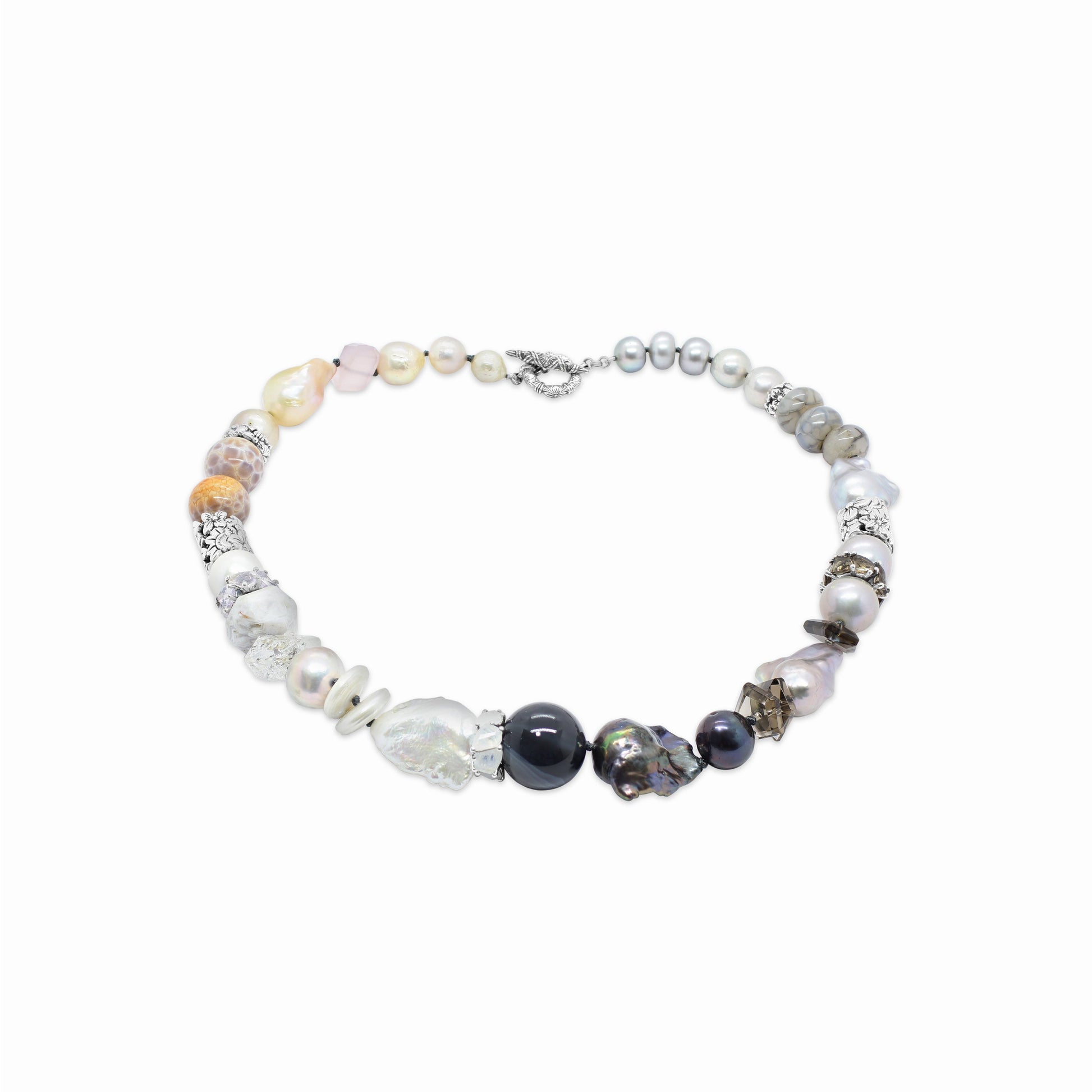 terraquatic-multi-hued-pearls-herkimer-diamonds-galactical-smoky-and-lavender-moon-quartz-various-agates-and-chalcydony-necklace-in-sterling-silver-21-5in-54cm