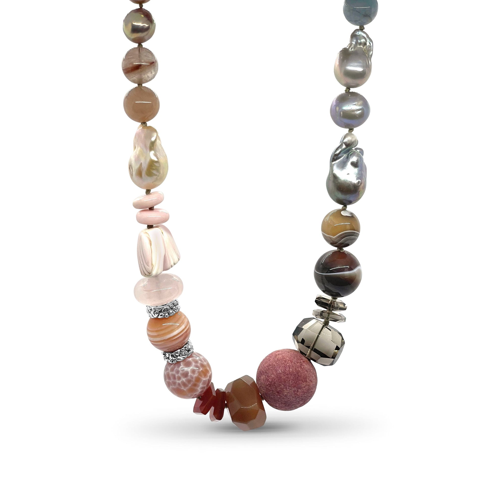 terraquatic-multi-hued-pearl-smoky-quartz-aquamarine-red-agate-pink-opal-red-hair-rutilated-quartz-apple-coral-botswana-agate-conch-carnelian-and-rose-quartz-necklace-in-sterling-silver