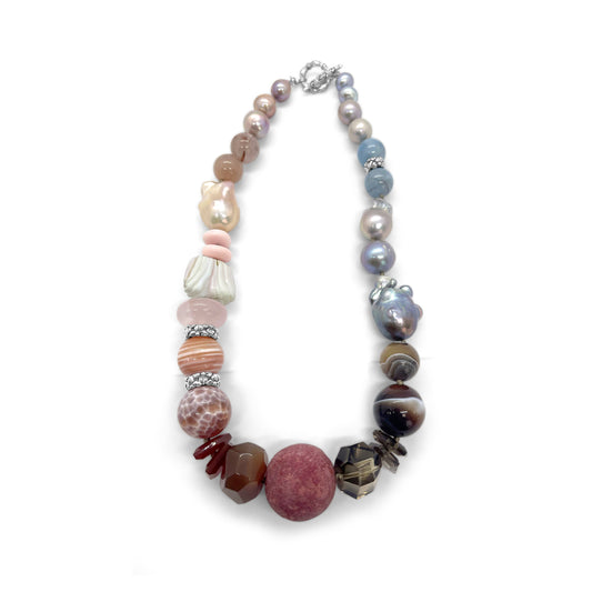 terraquatic-multi-hued-pearl-smoky-quartz-aquamarine-red-agate-pink-opal-red-hair-rutilated-quartz-apple-coral-botswana-agate-conch-carnelian-and-rose-quartz-necklace-in-sterling-silver