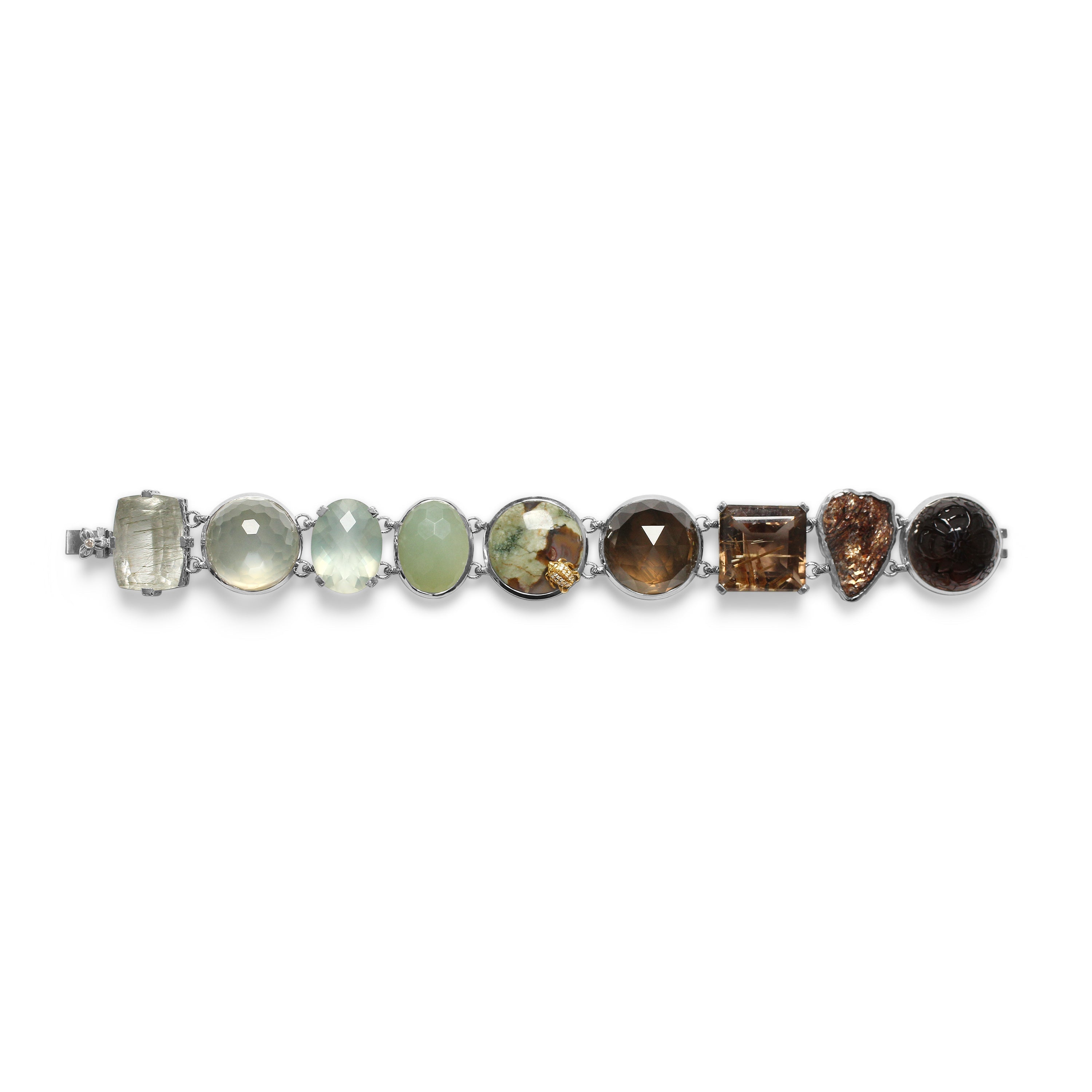 one-of-a-kind-facet-gold-hair-rutilated-green-moonstone-facet-brown-milky-quartz-facet-green-moonstonefacet-top-jade-facet-green-hair-rutilated-quartz-cooper-schist-and-diamond-0-08ct-bracelet-in-sterling-silver-with-18k-gold-diamond-pave-adam