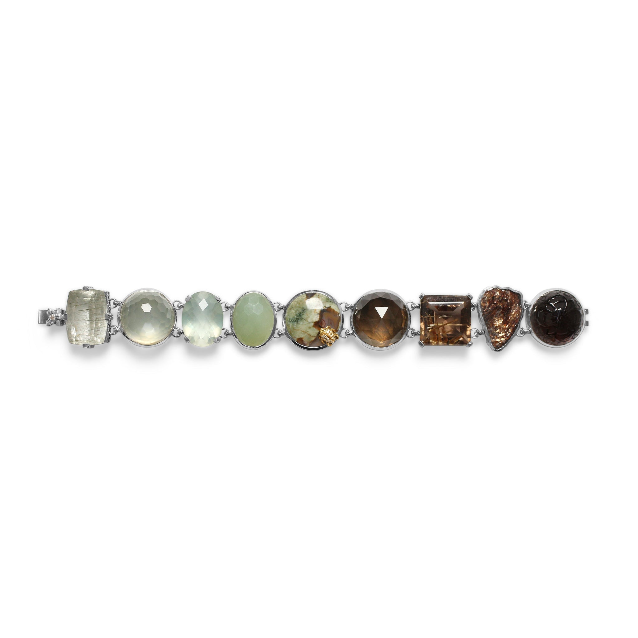 one-of-a-kind-facet-gold-hair-rutilated-green-moonstone-facet-brown-milky-quartz-facet-green-moonstonefacet-top-jade-facet-green-hair-rutilated-quartz-cooper-schist-and-diamond-0-08ct-bracelet-in-sterling-silver-with-18k-gold-diamond-pave-adam