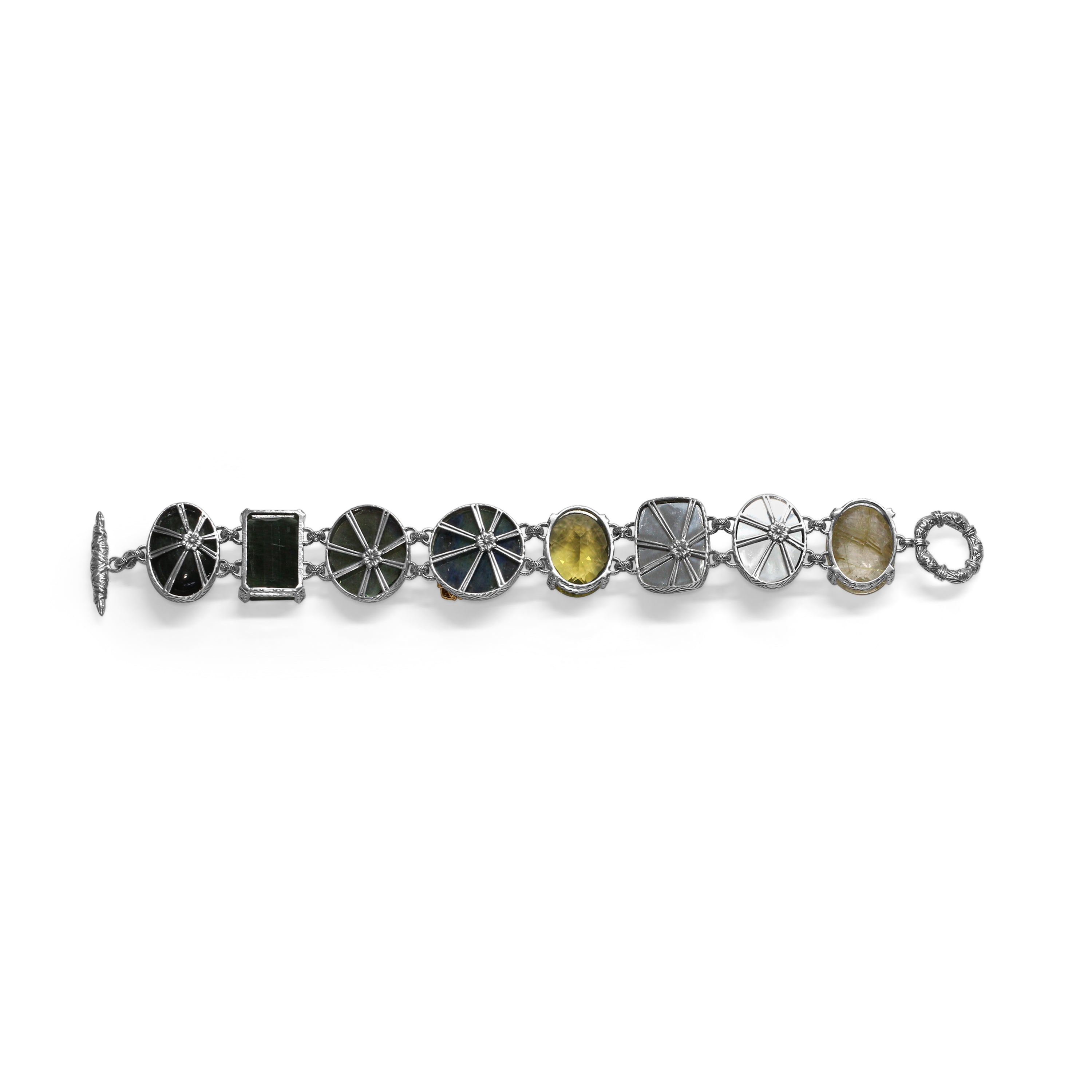 one-of-a-kind-smooth-labradorite-facet-green-hair-rutilated-quartz-facet-gold-hair-rutilated-quartz-facet-olivehand-carved-labradorite-smooth-green-tourmaline-and-diamond-0-05ct-bracelet-in-sterling-silver-with-18k-gold-diamond-pave-adam