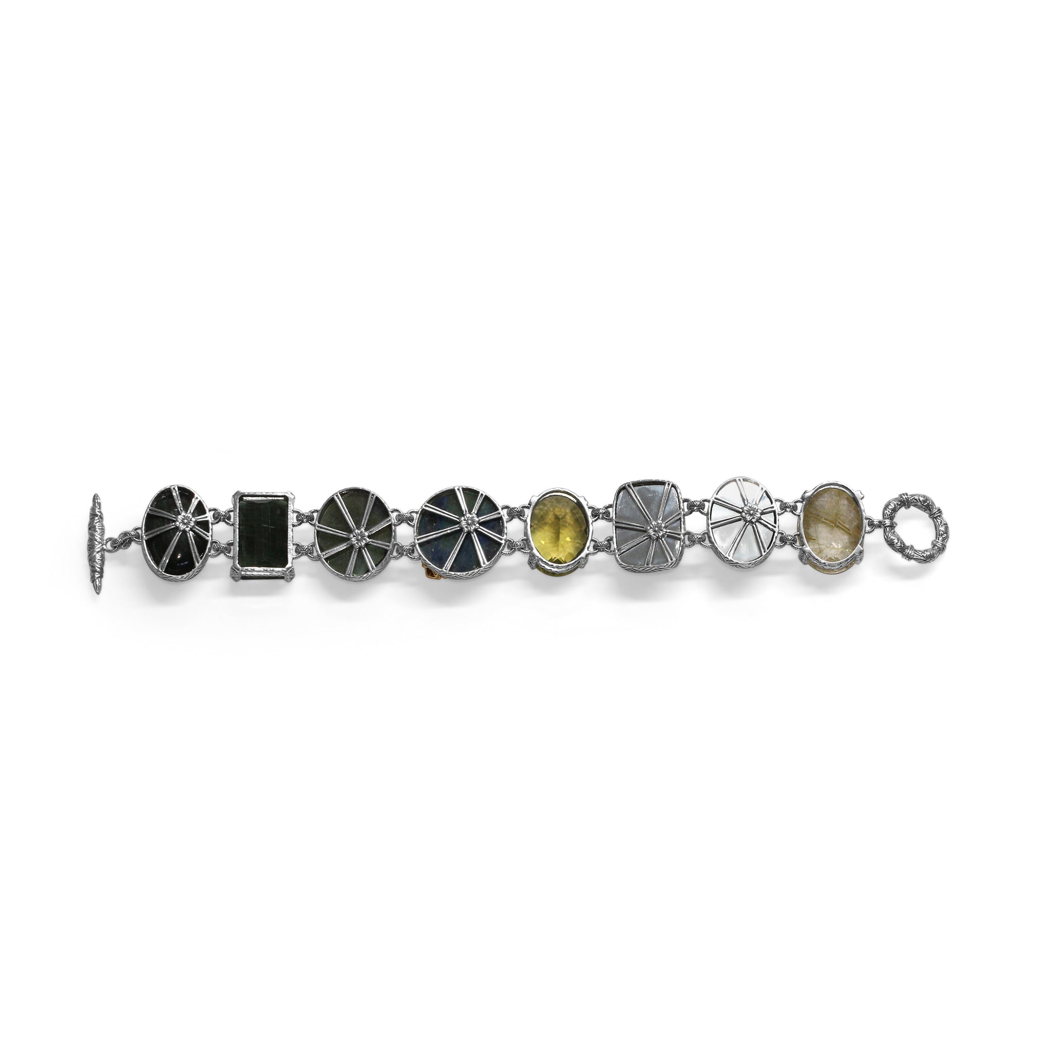 one-of-a-kind-smooth-labradorite-facet-green-hair-rutilated-quartz-facet-gold-hair-rutilated-quartz-facet-olivehand-carved-labradorite-smooth-green-tourmaline-and-diamond-0-05ct-bracelet-in-sterling-silver-with-18k-gold-diamond-pave-adam