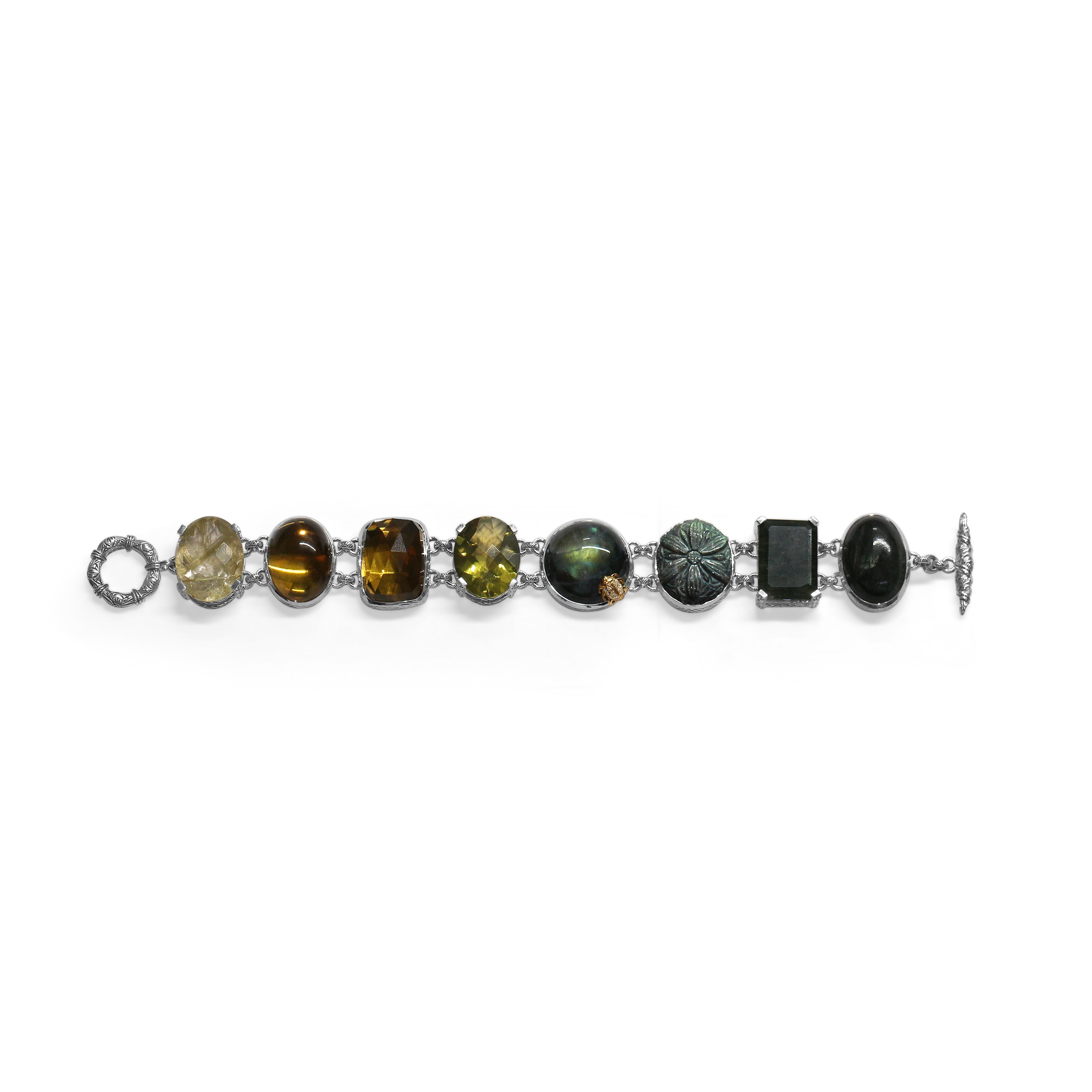 one-of-a-kind-smooth-labradorite-facet-green-hair-rutilated-quartz-facet-gold-hair-rutilated-quartz-facet-olivehand-carved-labradorite-smooth-green-tourmaline-and-diamond-0-05ct-bracelet-in-sterling-silver-with-18k-gold-diamond-pave-adam