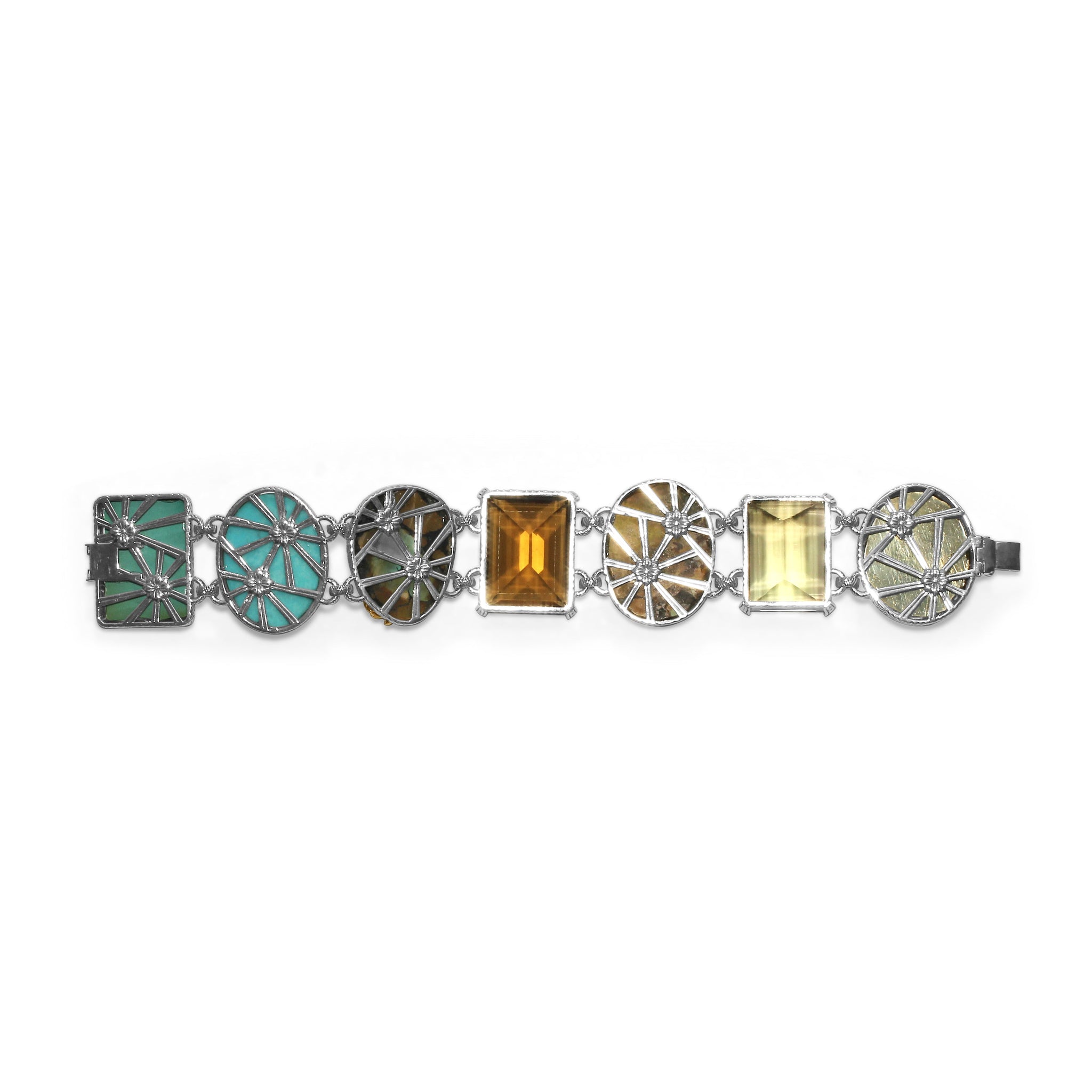 one-of-a-kind-citrine-carved-turquoise-cognac-turquoise-gold-rutilated-over-turquoise-carved-over-gold-plaque-and-diamond-0-13ct-bracelet-in-sterling-silver-with-18k-gold-diamond-pave-adam