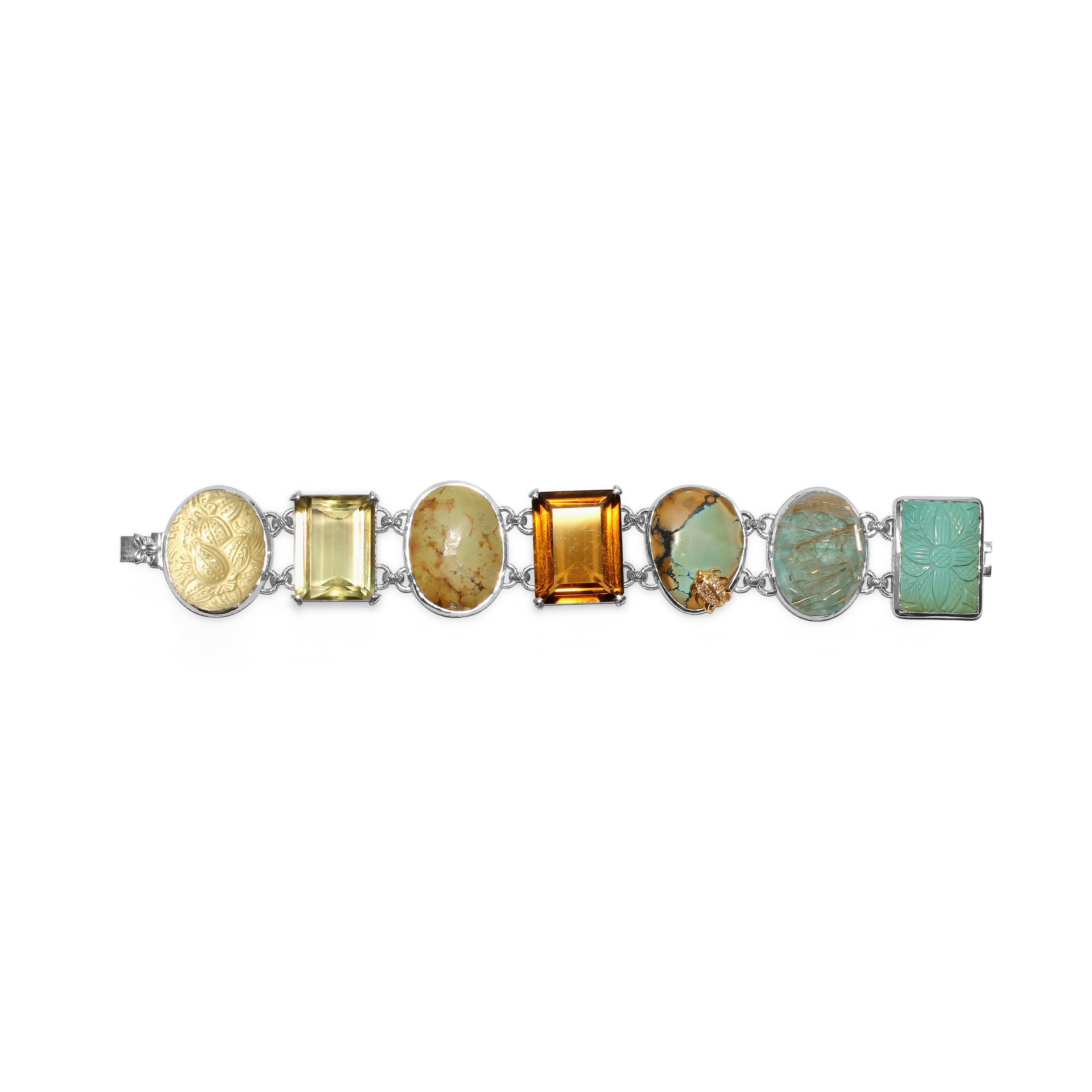 one-of-a-kind-citrine-carved-turquoise-cognac-turquoise-gold-rutilated-over-turquoise-carved-over-gold-plaque-and-diamond-0-13ct-bracelet-in-sterling-silver-with-18k-gold-diamond-pave-adam