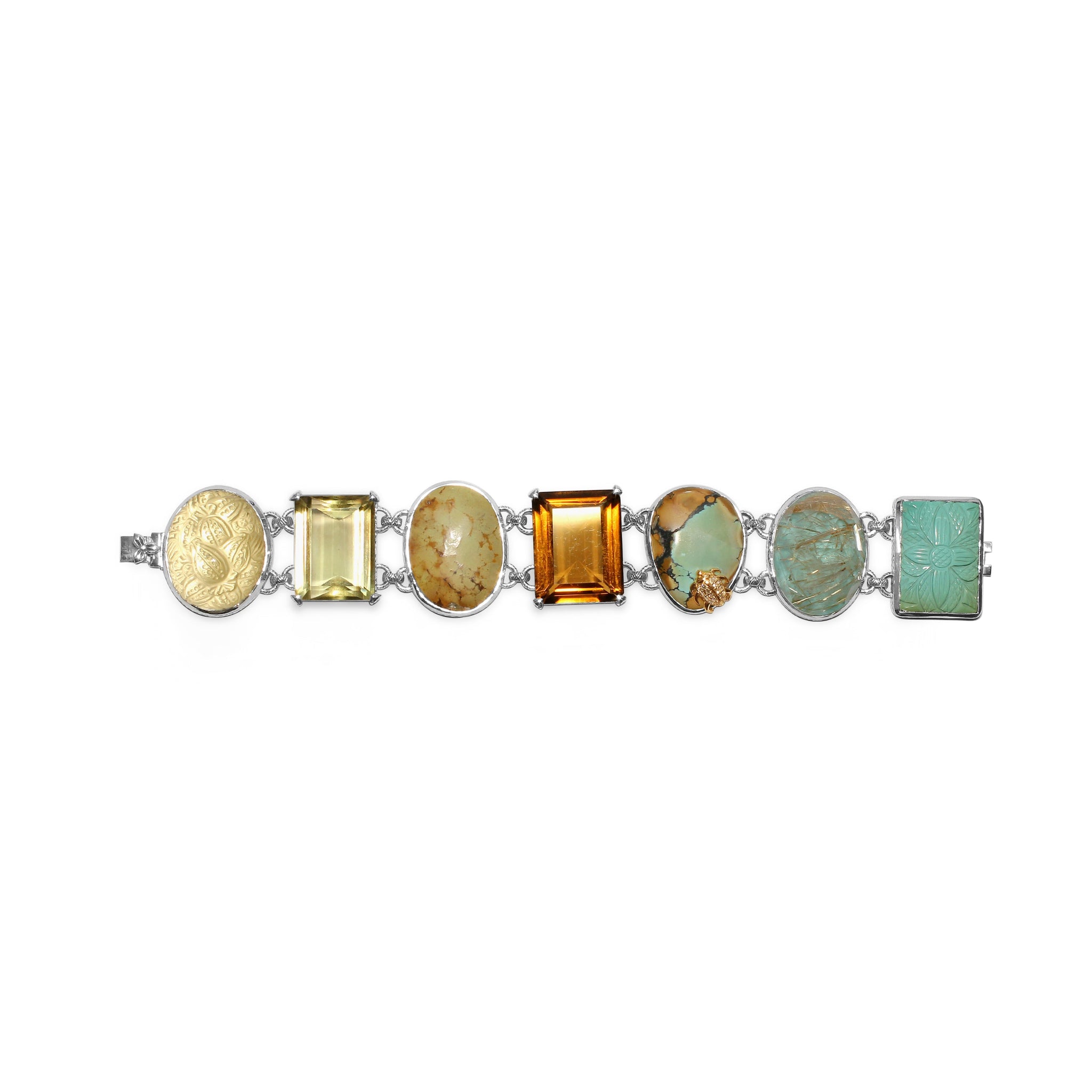 one-of-a-kind-citrine-carved-turquoise-cognac-turquoise-gold-rutilated-over-turquoise-carved-over-gold-plaque-and-diamond-0-13ct-bracelet-in-sterling-silver-with-18k-gold-diamond-pave-adam