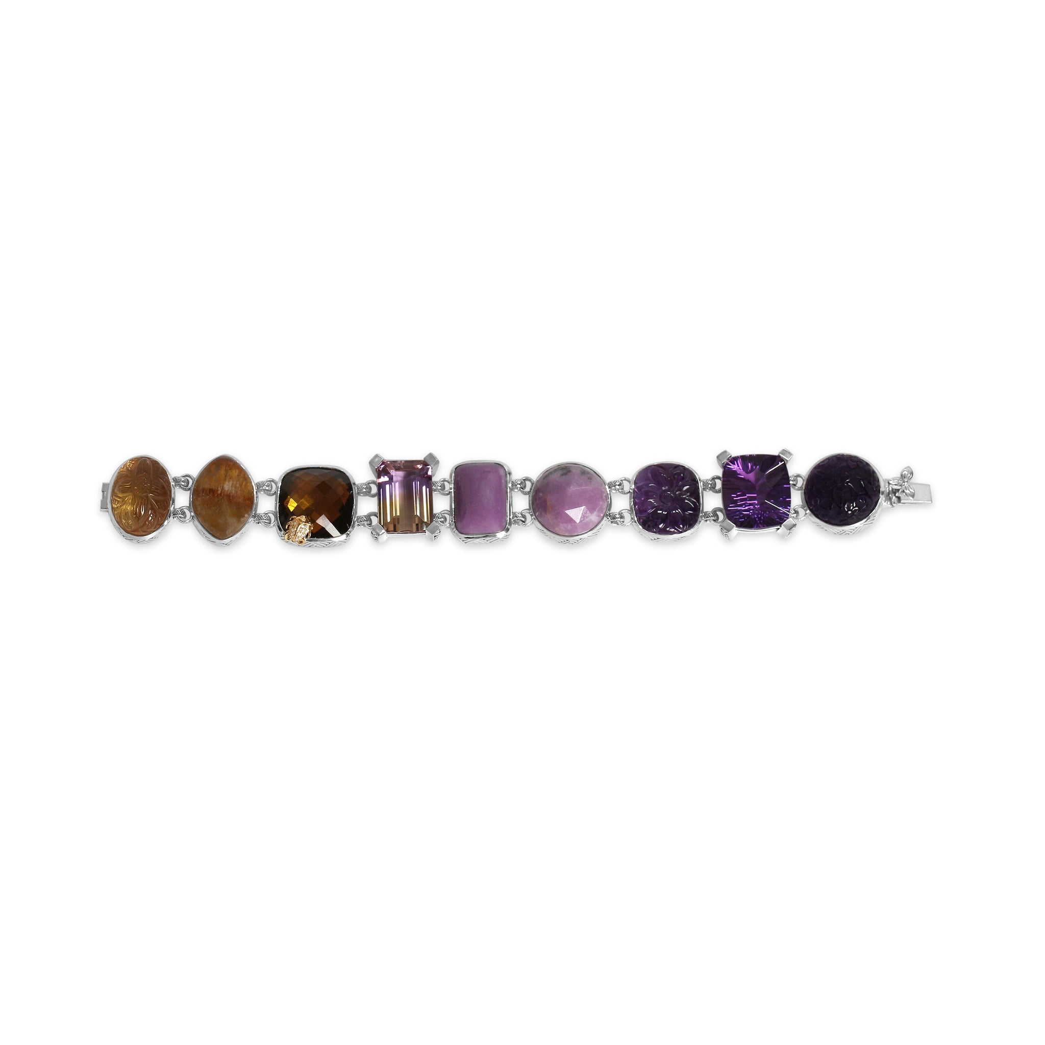 one-of-a-kind-facet-top-cognac-quartz-over-gold-plaque-top-facet-flat-back-smooth-phosphosiderite-facet-bi-color-champagne-quartz-gold-hair-rutilated-quartz-and-diamond-0-05ct-bracelet-in-sterling-silver-with-18k-gold-diamond-pave-adam
