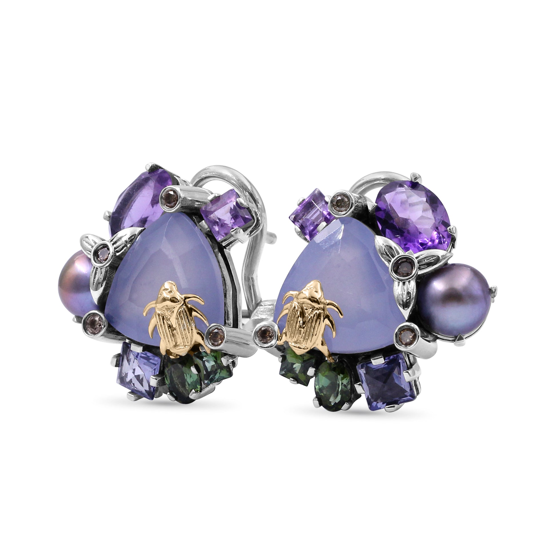 one-of-a-kind-green-tourmaline-amethyst-blue-sapphire-lavender-pearl-blue-chalcedony-and-diamond-0-08ct-earring-in-sterling-silver-with-18k-gold