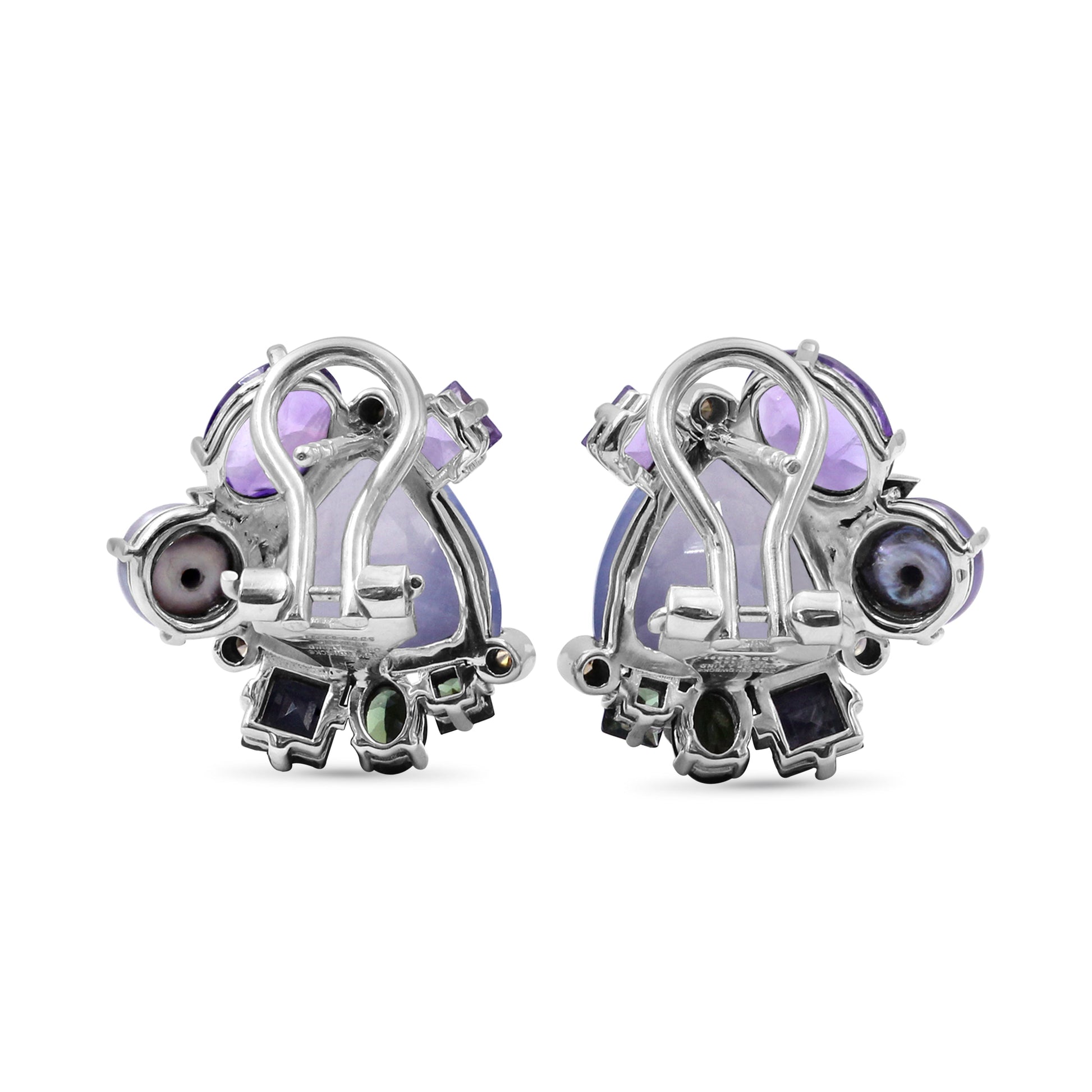 one-of-a-kind-green-tourmaline-amethyst-blue-sapphire-lavender-pearl-blue-chalcedony-and-diamond-0-08ct-earring-in-sterling-silver-with-18k-gold