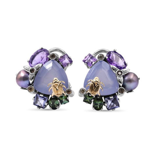 one-of-a-kind-green-tourmaline-amethyst-blue-sapphire-lavender-pearl-blue-chalcedony-and-diamond-0-08ct-earring-in-sterling-silver-with-18k-gold