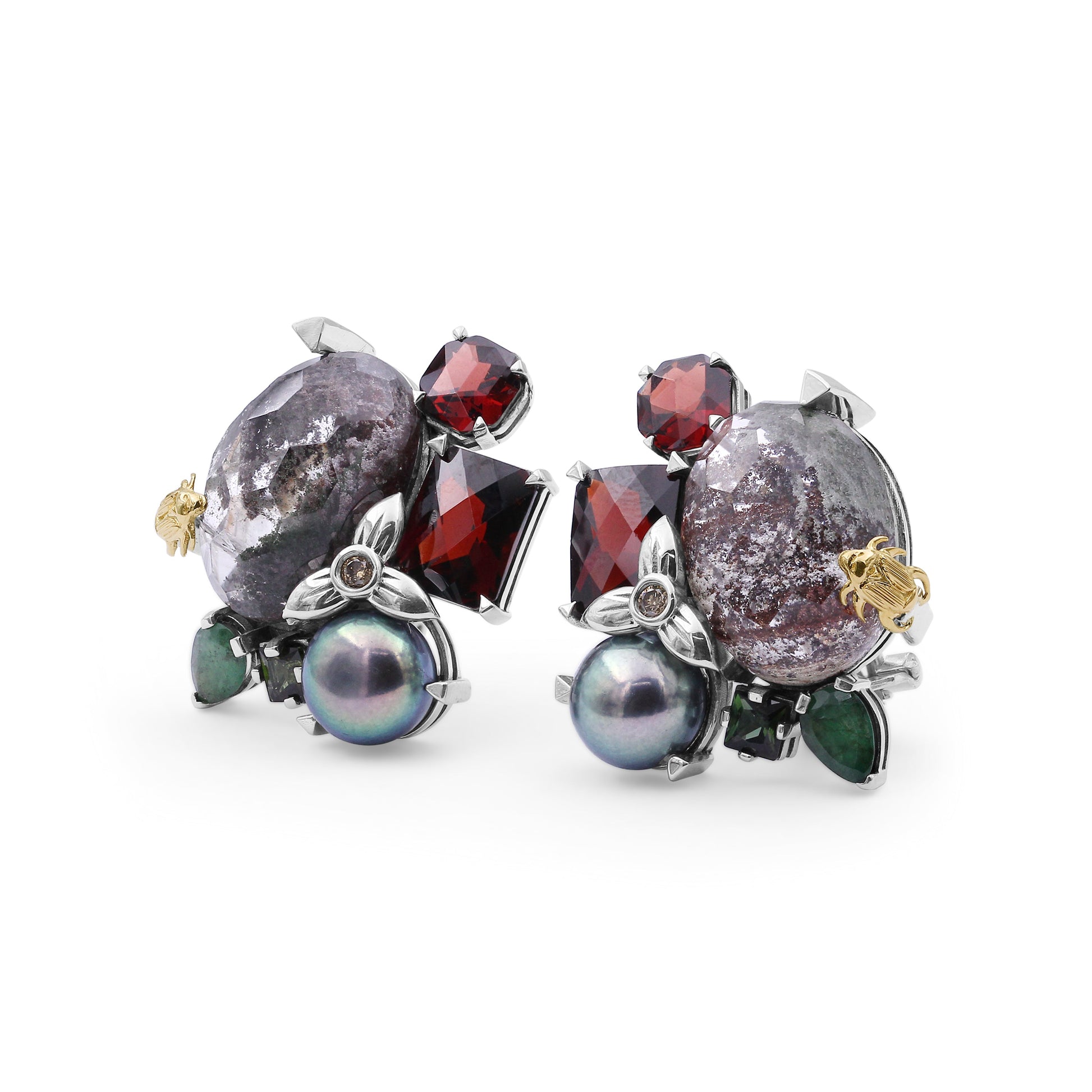 one-of-a-kind-green-tourmaline-facet-orissa-garnet-green-pearl-emerald-garnet-facet-flat-back-red-moss-quartz-and-diamond-0-04ct-earring-in-sterling-silver-with-18k-gold-adam