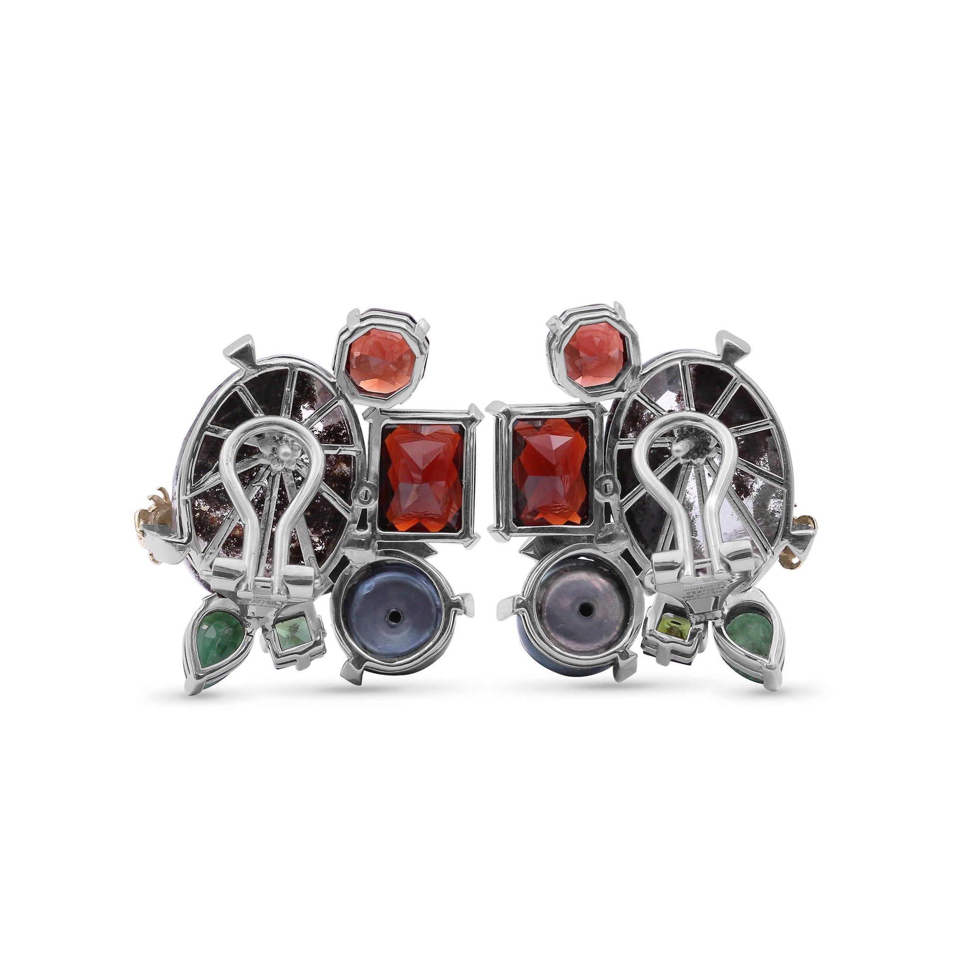 one-of-a-kind-green-tourmaline-facet-orissa-garnet-green-pearl-emerald-garnet-facet-flat-back-red-moss-quartz-and-diamond-0-04ct-earring-in-sterling-silver-with-18k-gold-adam