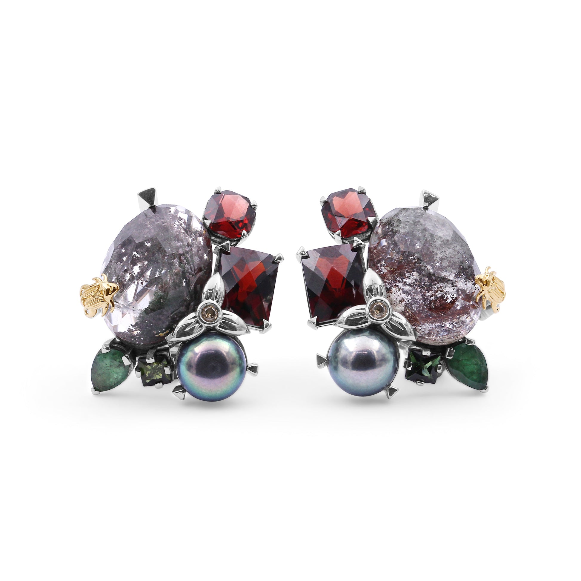 one-of-a-kind-green-tourmaline-facet-orissa-garnet-green-pearl-emerald-garnet-facet-flat-back-red-moss-quartz-and-diamond-0-04ct-earring-in-sterling-silver-with-18k-gold-adam