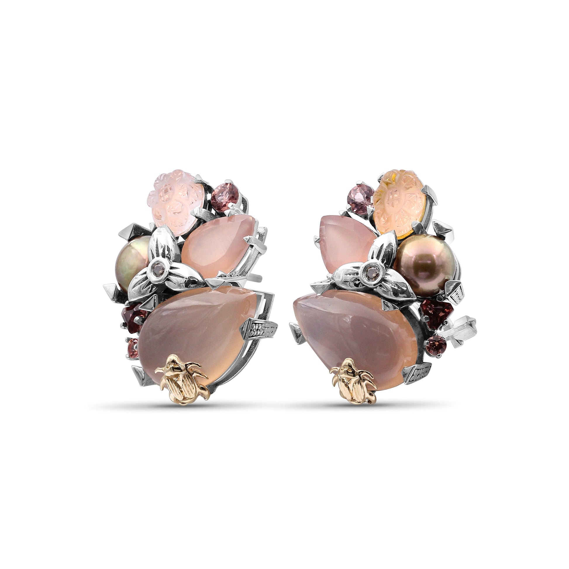 one-of-a-kind-pink-tourmaline-half-drill-pink-rose-pearl-hand-carve-natural-quartz-over-pink-plated-plaque-pink-chalcedony-and-diamond-0-04ct-earring-in-sterling-silver-with-18k-gold-adam