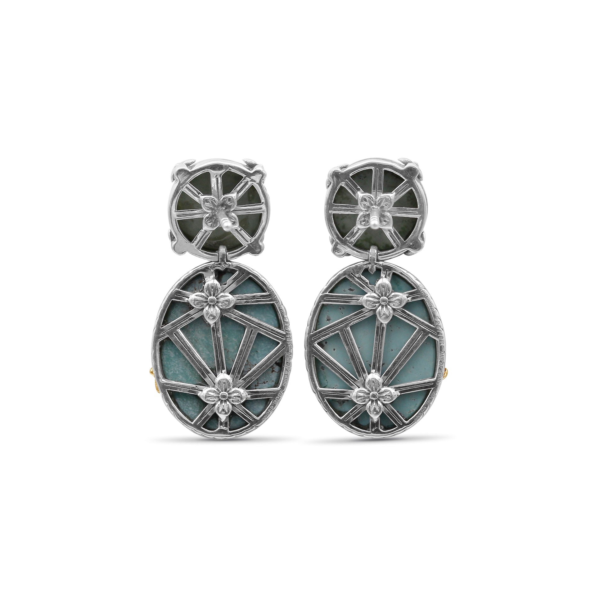 one-of-a-kind-top-facet-natural-quartz-over-green-turquoise-and-smooth-green-turquoise-earring-in-sterling-silver-with-18k-gold-adam