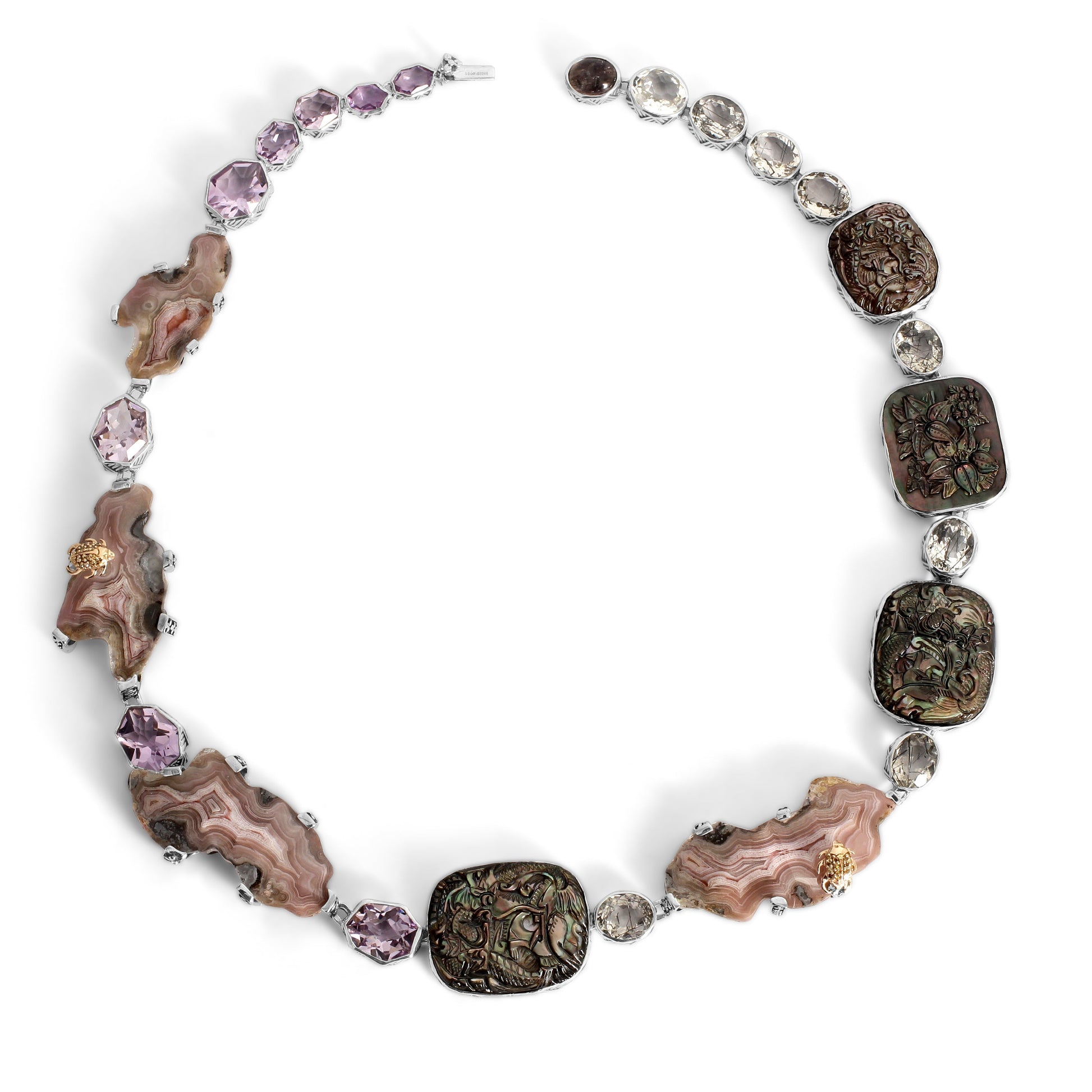 one-of-a-kind-chalcedony-black-hair-rutilated-quartz-amethyst-and-hand-carved-mother-of-pearl-necklace-in-sterling-silver-with-18k-gold-adam