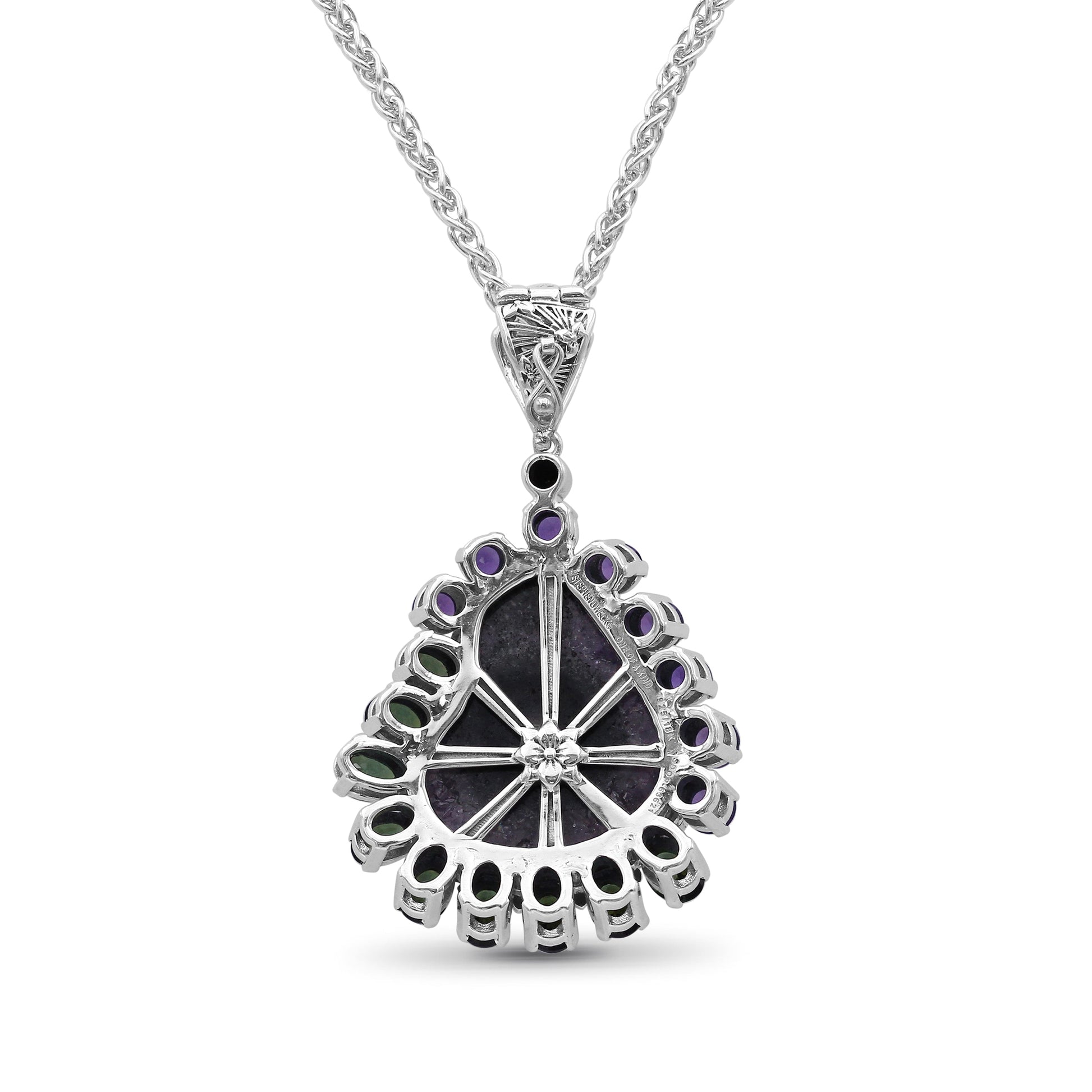 one-of-a-kind-amethyst-green-tourmaline-natural-quartz-facet-top-over-stalactite-slice-doublet-and-diamond-0-08ct-pendant-in-sterling-silver-with-18k-gold-diamond-pave-adam
