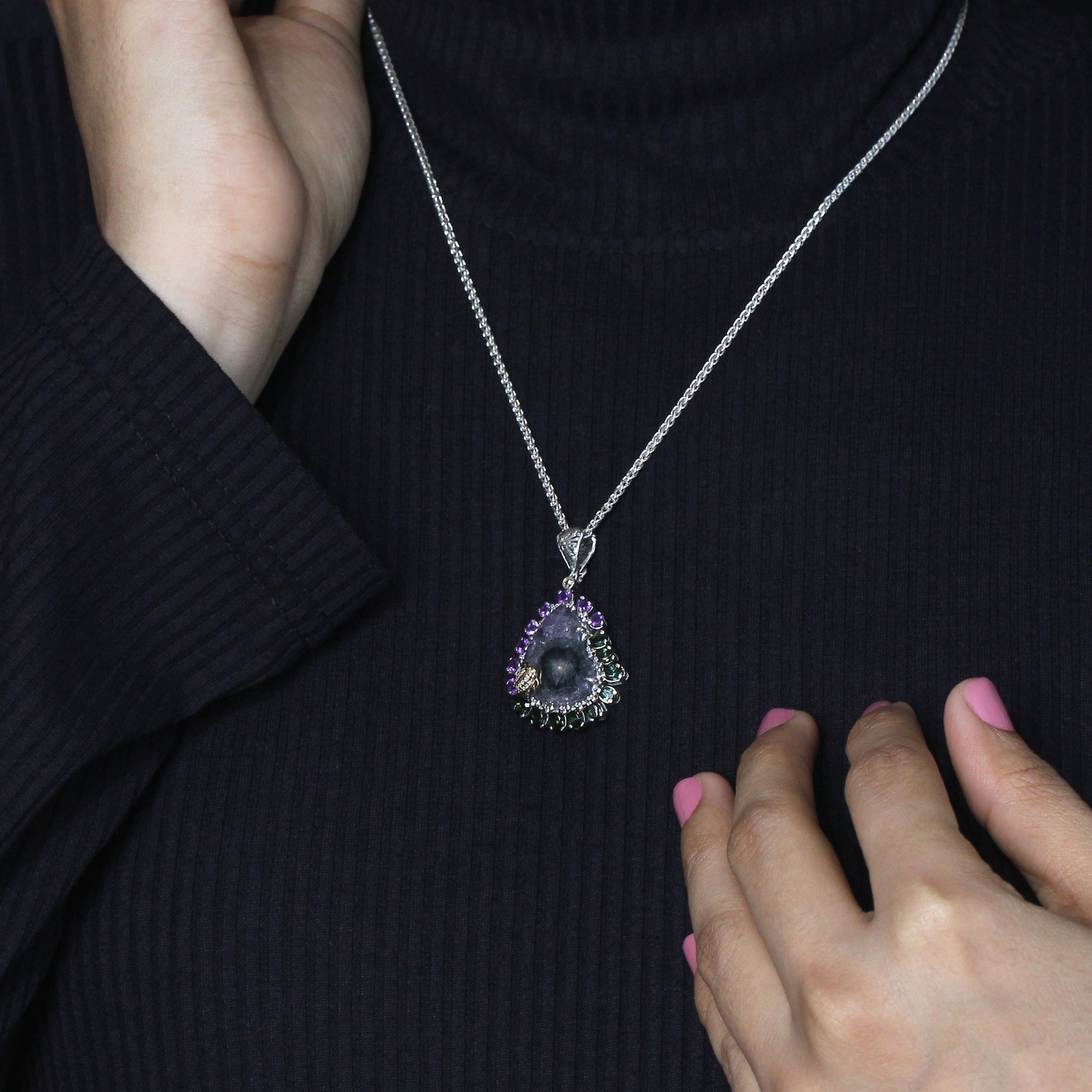one-of-a-kind-amethyst-green-tourmaline-natural-quartz-facet-top-over-stalactite-slice-doublet-and-diamond-0-08ct-pendant-in-sterling-silver-with-18k-gold-diamond-pave-adam