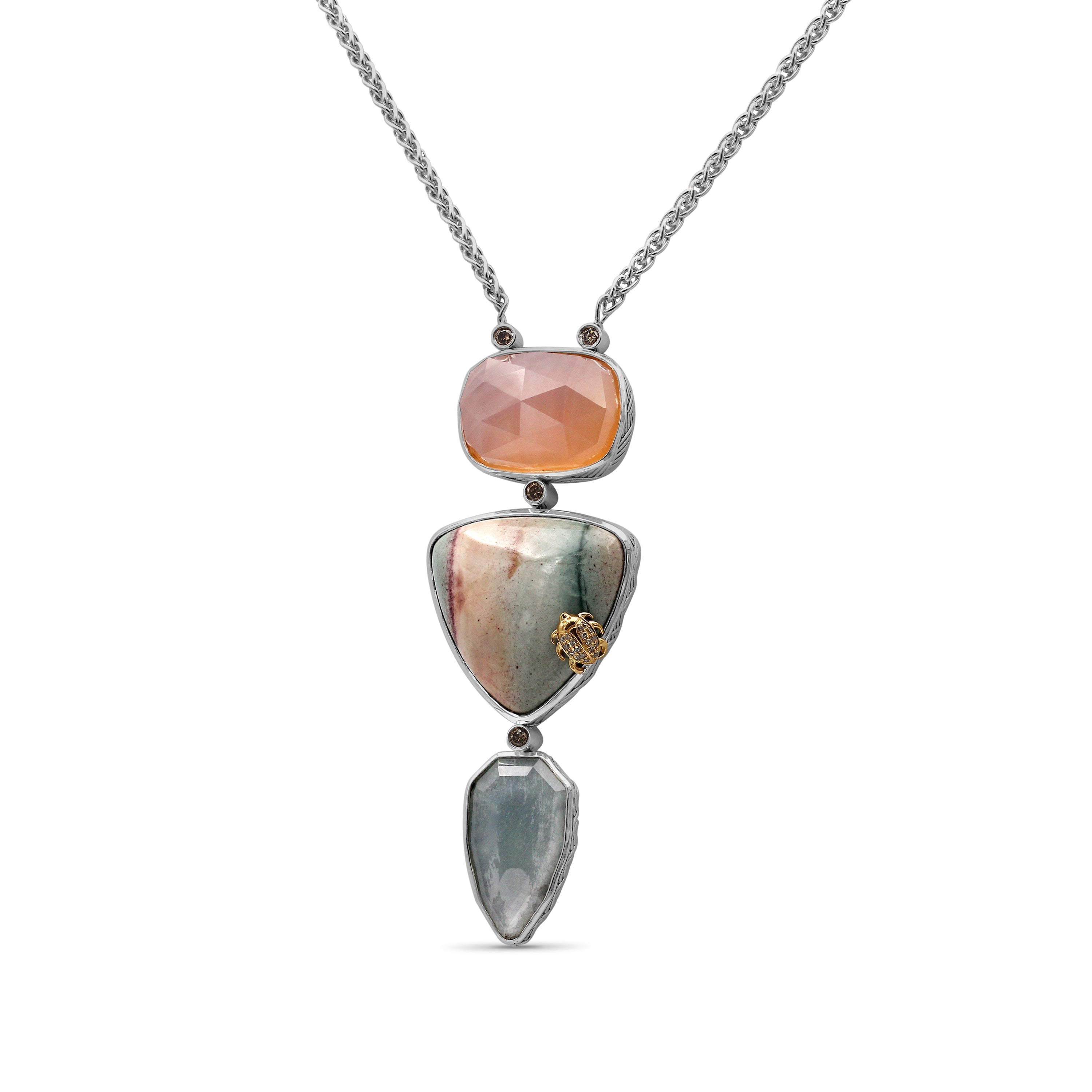 one-of-a-kind-smooth-sunset-jasper-facet-top-flat-back-pink-chalcedony-facet-top-natural-quartz-top-over-green-agate-and-0-28ct-diamond-pendant-in-sterling-silver-with-18k-gold-diamond-pave-adam
