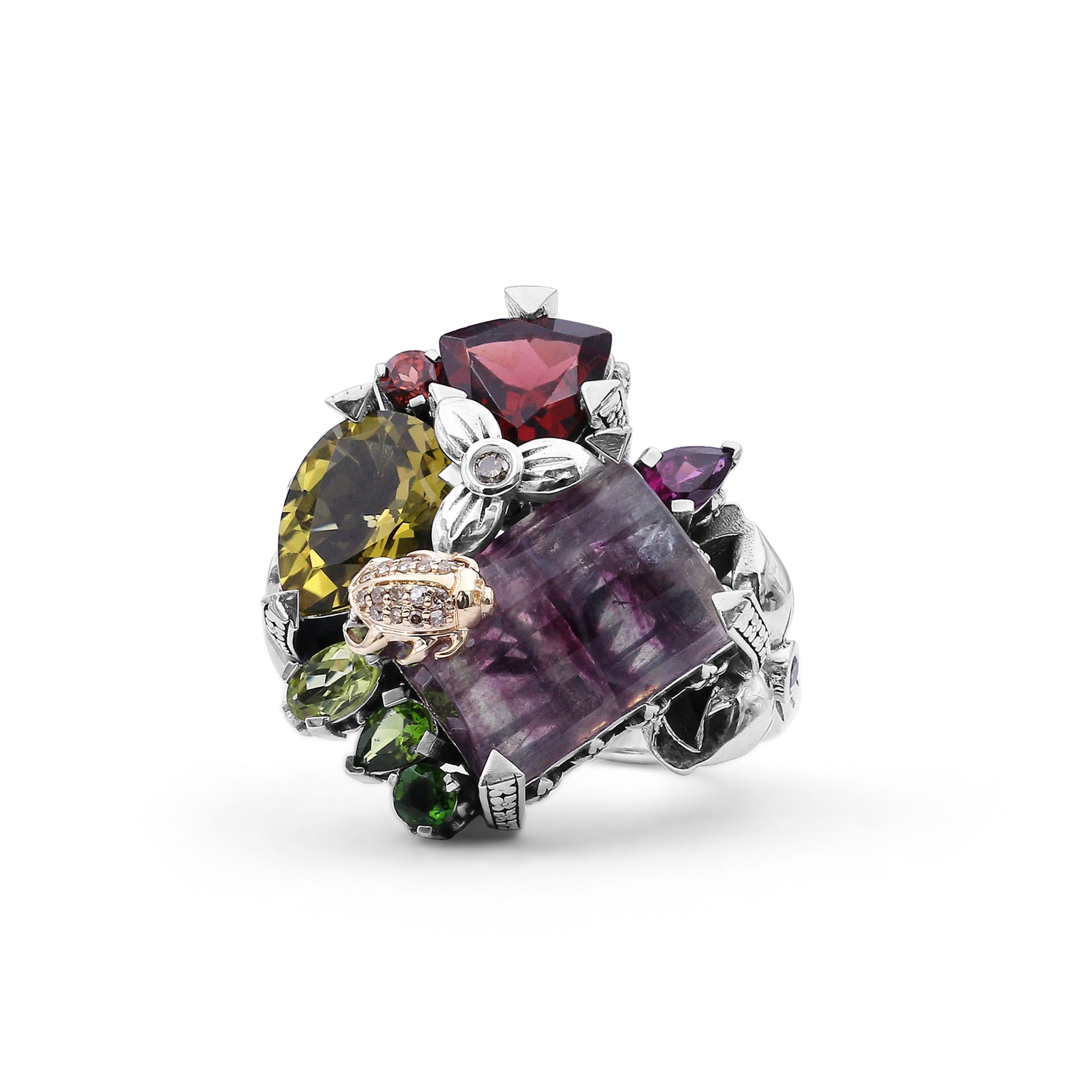 one-of-a-kind-facet-flurite-facet-olive-quartz-rhodolite-garnet-chrome-diopside-peridot-orissa-garnet-and-diamond-0-15ct-ring-in-sterling-silver-with-18k-gold-diamond-pave-adam