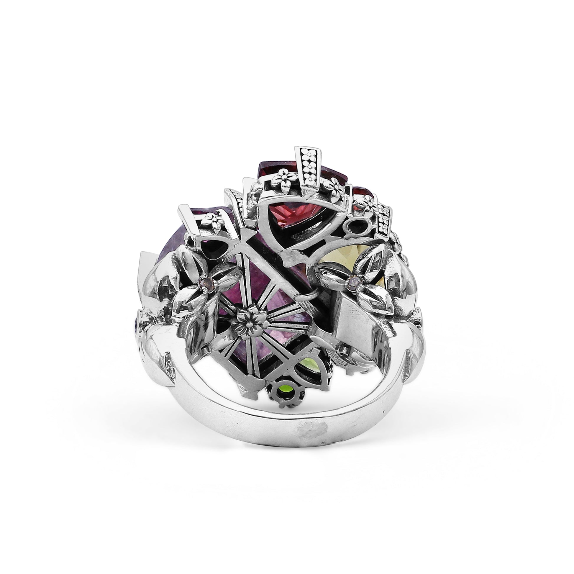 one-of-a-kind-facet-flurite-facet-olive-quartz-rhodolite-garnet-chrome-diopside-peridot-orissa-garnet-and-diamond-0-15ct-ring-in-sterling-silver-with-18k-gold-diamond-pave-adam