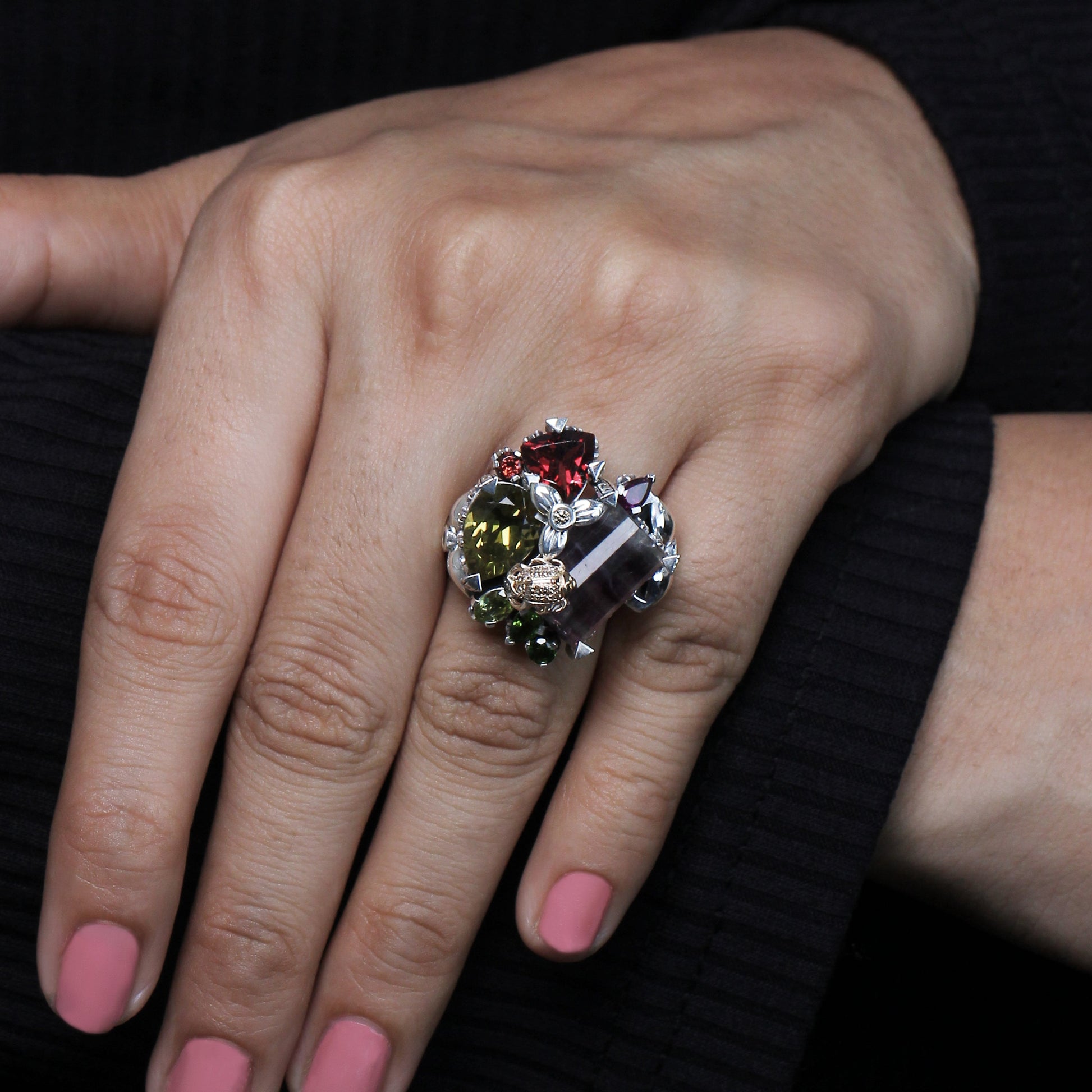 one-of-a-kind-facet-flurite-facet-olive-quartz-rhodolite-garnet-chrome-diopside-peridot-orissa-garnet-and-diamond-0-15ct-ring-in-sterling-silver-with-18k-gold-diamond-pave-adam