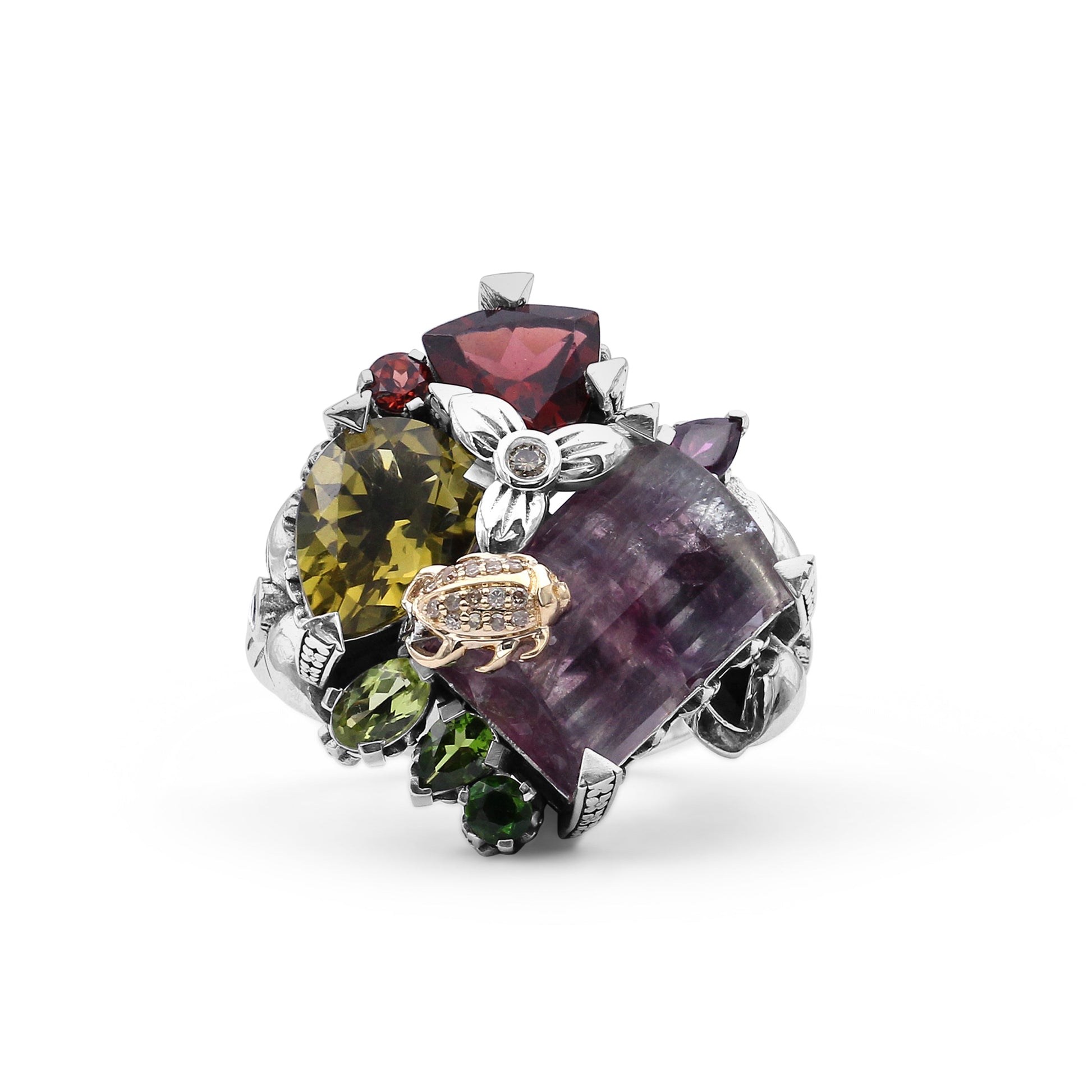 one-of-a-kind-facet-flurite-facet-olive-quartz-rhodolite-garnet-chrome-diopside-peridot-orissa-garnet-and-diamond-0-15ct-ring-in-sterling-silver-with-18k-gold-diamond-pave-adam