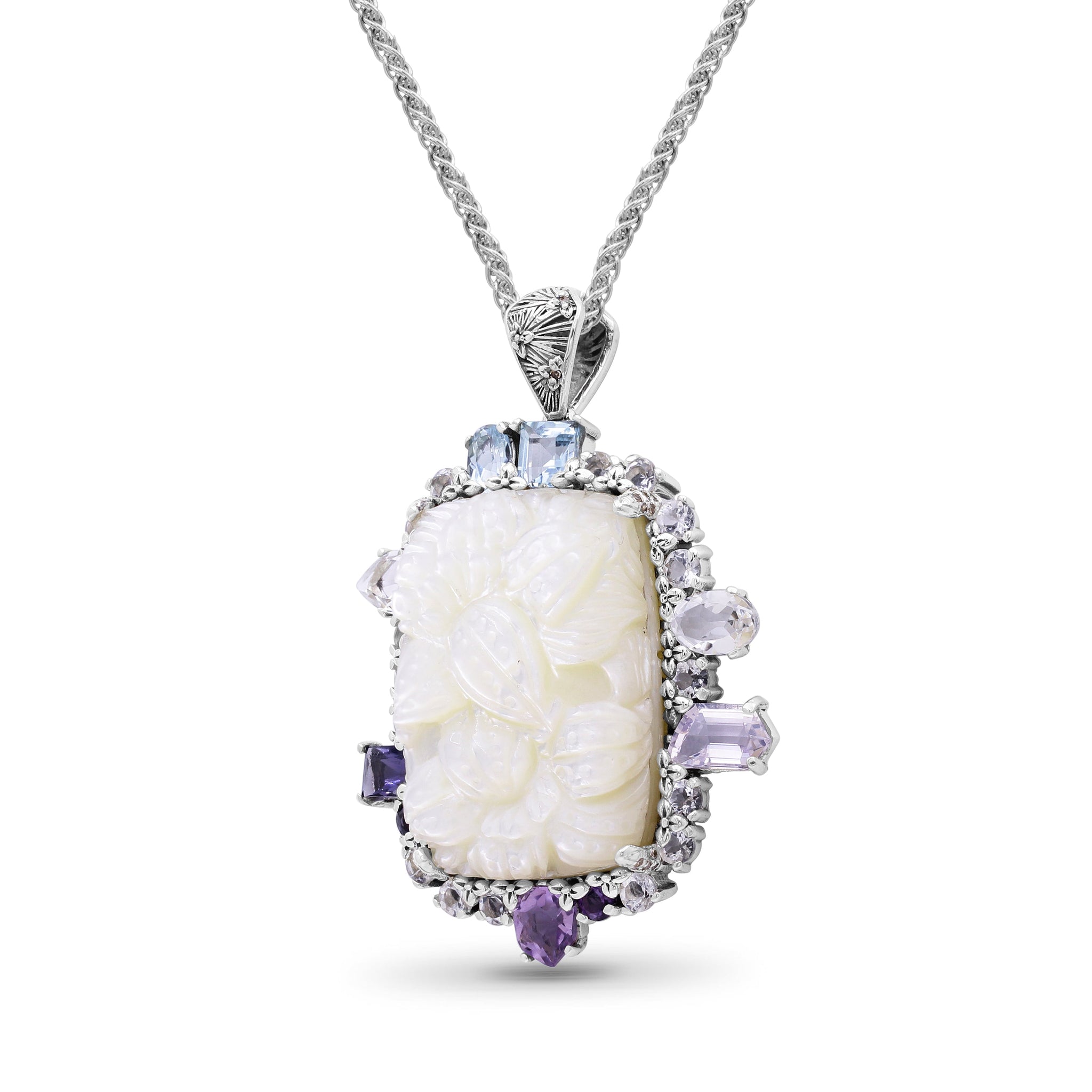 carventurous-hand-carved-mother-of-pearl-lavender-moon-quartz-amethyst-iolite-blue-and-white-topaz-pendant-in-sterling-silver